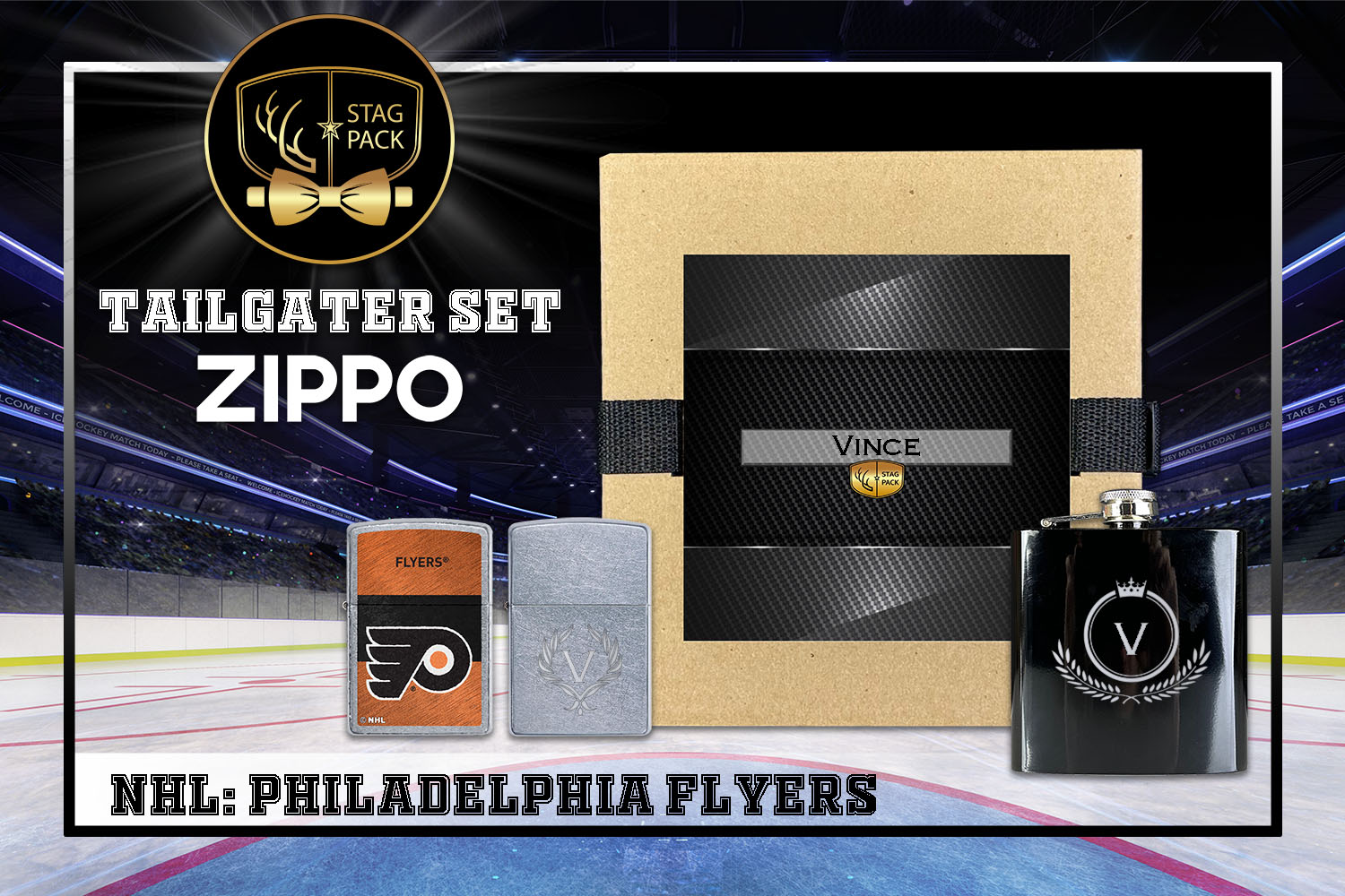 Custom Engraved Groomsmen Gift with Flask & Zippo Windproof Lighter in a Personalized Gift Box.