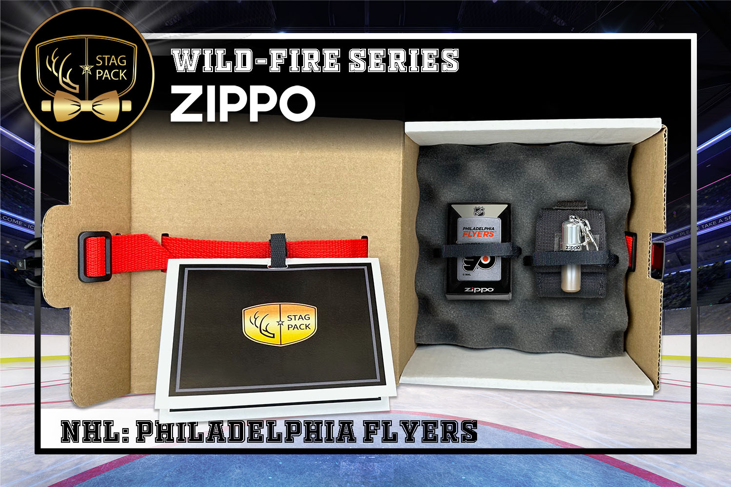 Custom Engraved Groomsmen Gift with NHL Windproof Zippo Lighter, a Fluid Canister and Pouch packaged in a Personalized Gift Box with a Message Card.