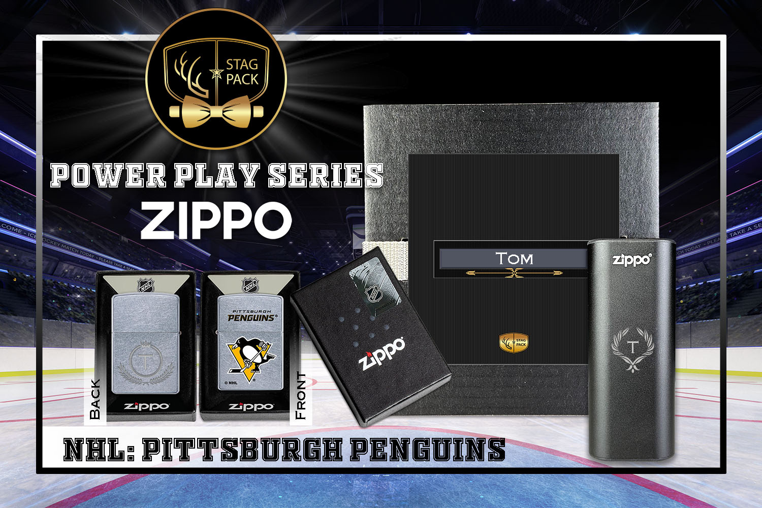 Custom Engraved Groomsmen Gift with NHL Zippo Windproof Lighter & Heatbank in a Personalized Gift Box.