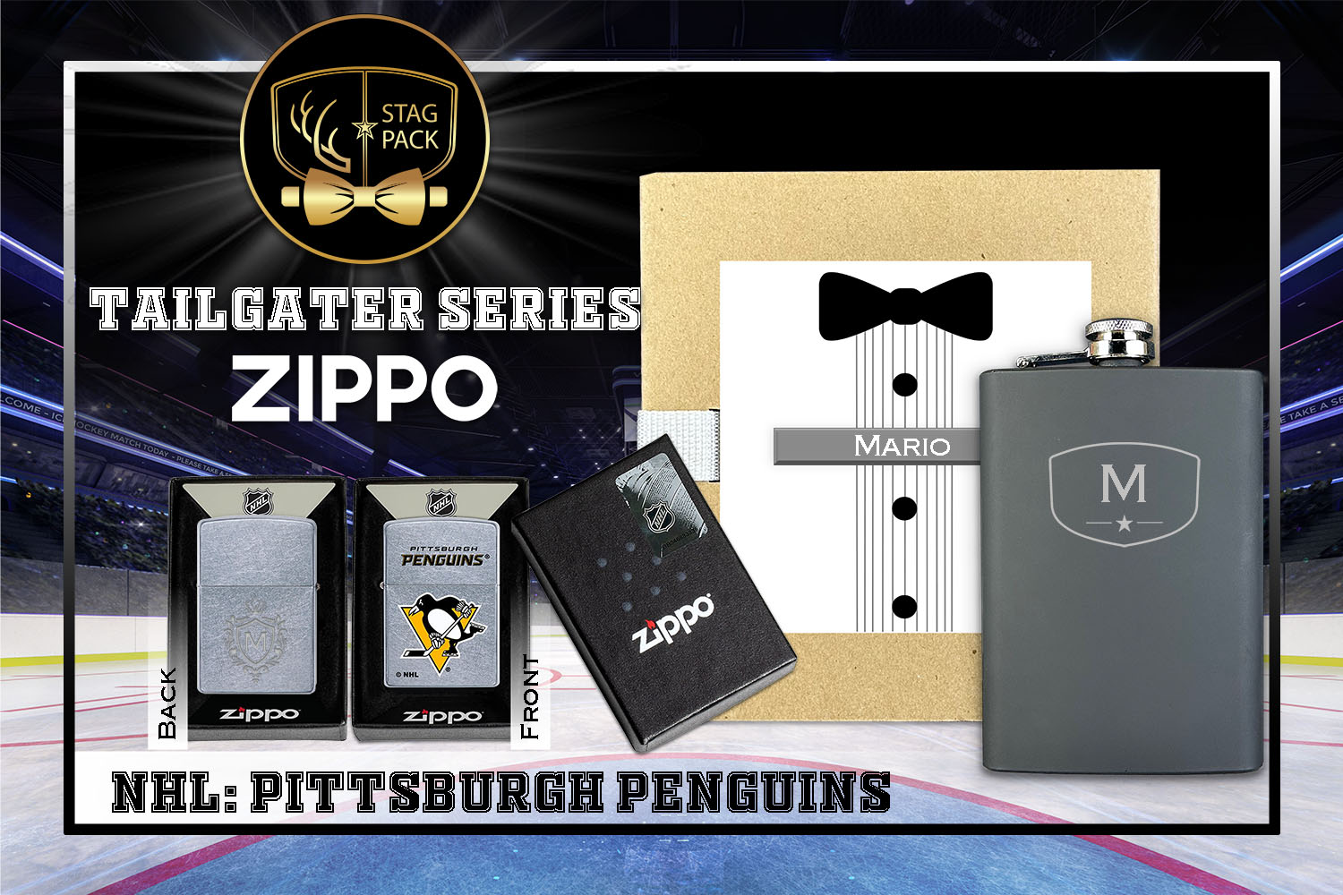 Custom Engraved Groomsmen Gift with Flask & Zippo packaged in a Personalized Gift Box with Message Card.