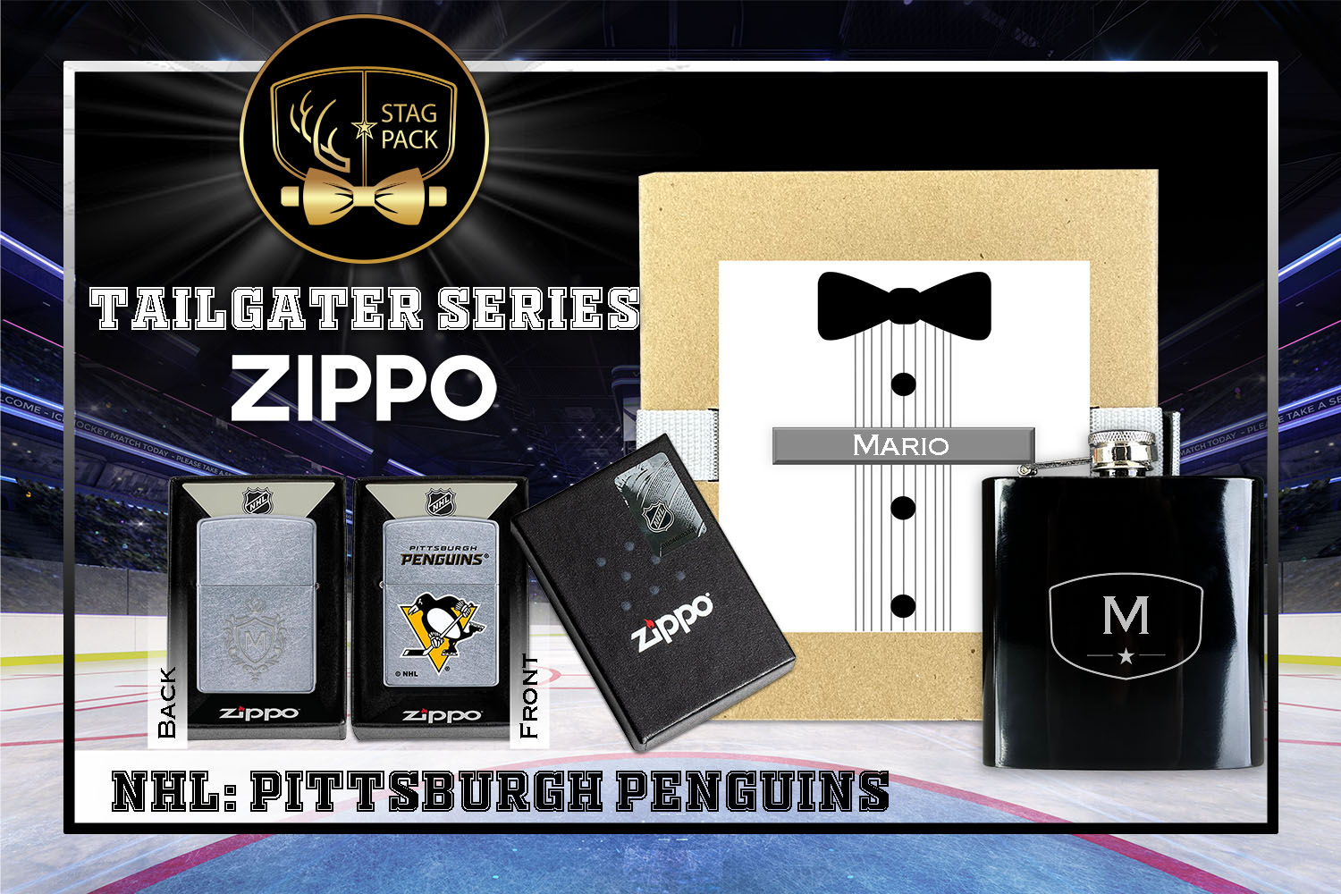 Custom Engraved Groomsmen Gift with Flask & Zippo Windproof Lighter in a Personalized Gift Box.