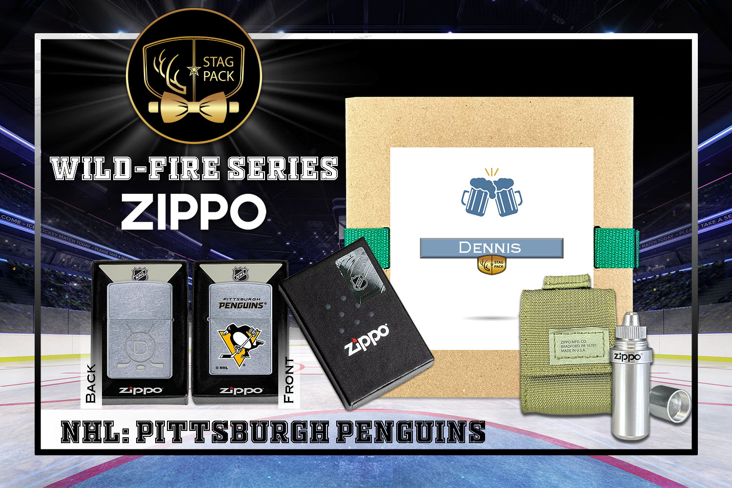 Custom Engraved Groomsmen Gift with NHL Windproof Zippo Lighter, a Fluid Canister and Pouch Gift-Pack in a Personalized Gift Box.