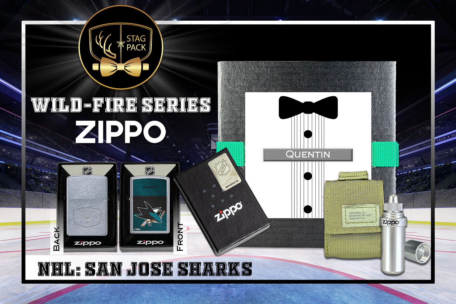 Custom Engraved Groomsmen Gift with NHL Windproof Zippo Lighter, a Fluid Canister and Pouch Gift-Pack in a Personalized Gift Box.