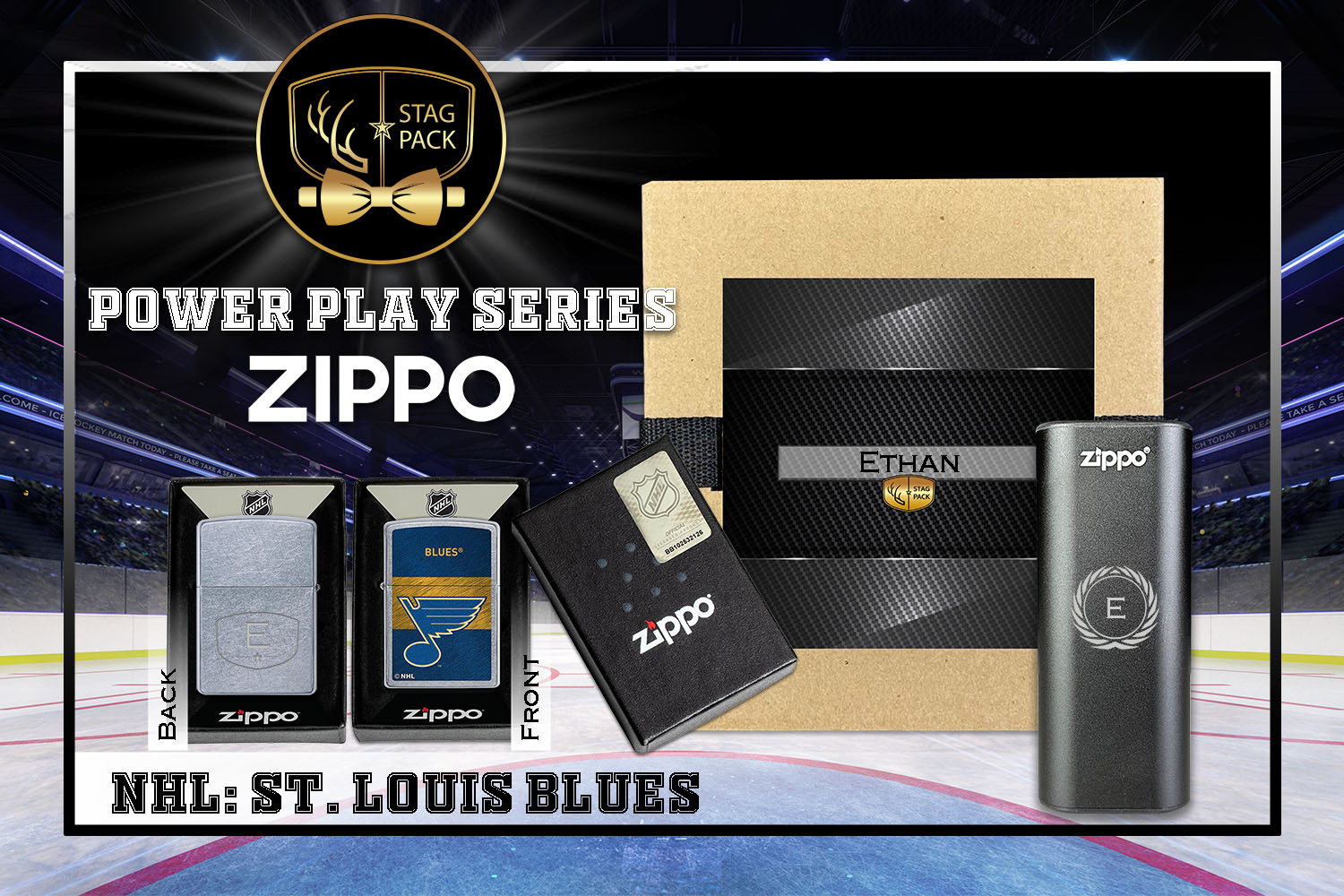 Custom Engraved Groomsmen Gift with NHL Zippo Windproof Lighter & Heatbank in a Personalized Gift Box.