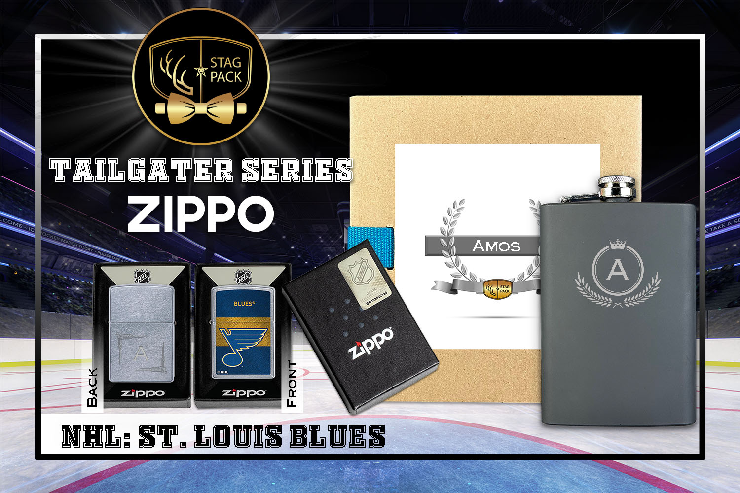 Custom Engraved Groomsmen Gift with Flask & Zippo Windproof Lighter in a Personalized Gift Box.