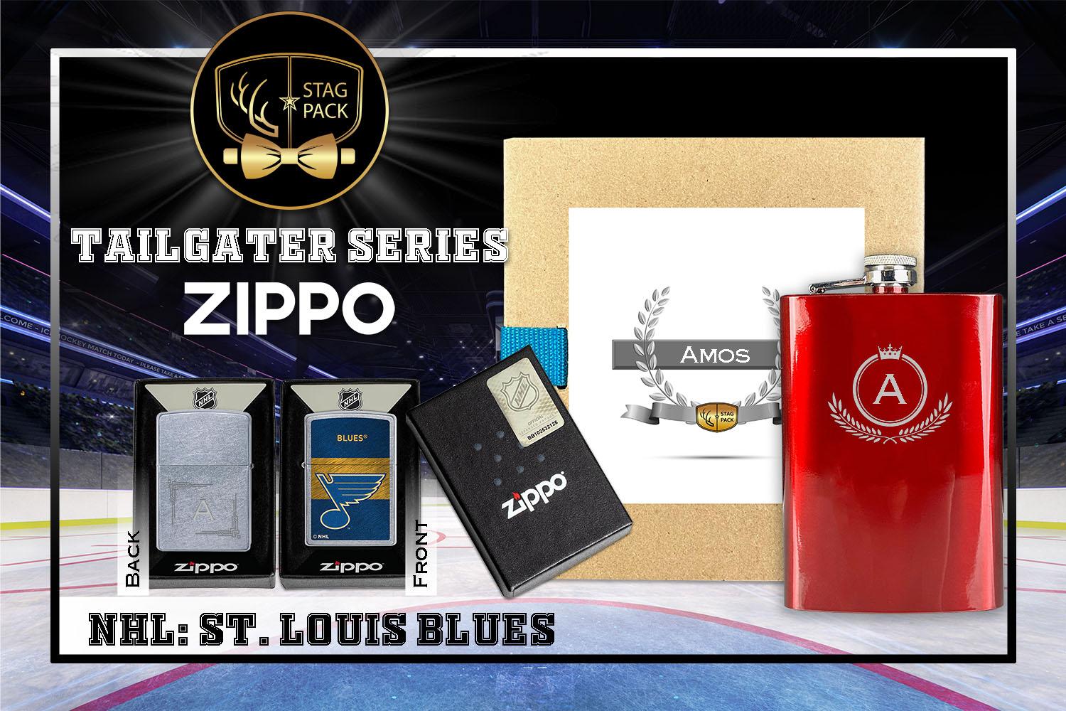 Custom Engraved Groomsmen Gift with Flask & Zippo Windproof Lighter in a Personalized Gift Box.