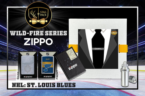 Custom Engraved Groomsmen Gift with NHL Windproof Zippo Lighter, a Fluid Canister and Pouch Gift-Pack in a Personalized Gift Box.