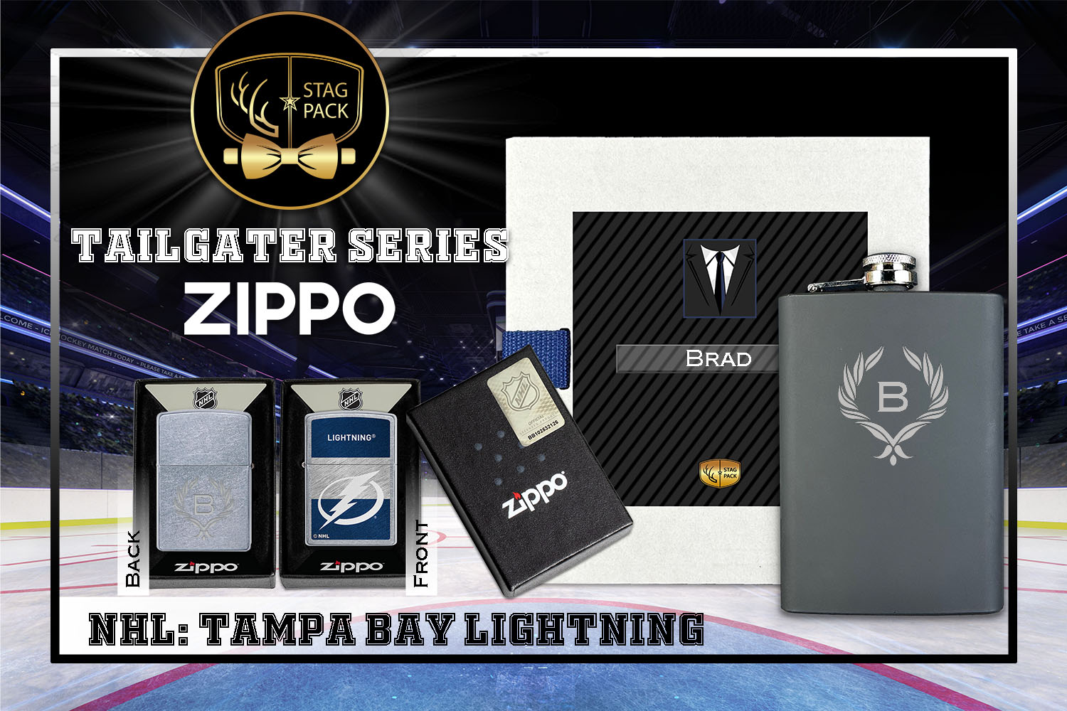 Custom Engraved Groomsmen Gift with Flask & Zippo Windproof Lighter in a Personalized Gift Box.