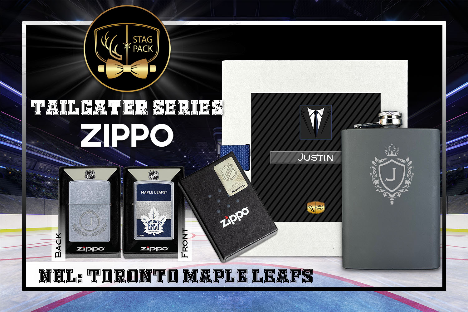 Custom Engraved Groomsmen Gift with Flask & Zippo Windproof Lighter in a Personalized Gift Box.