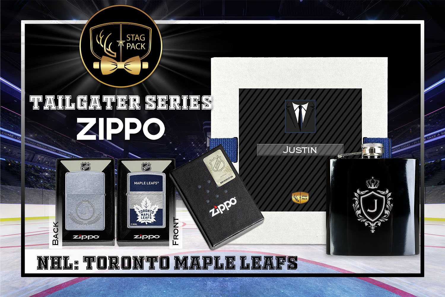 Custom Engraved Groomsmen Gift with Flask & Zippo Windproof Lighter in a Personalized Gift Box.