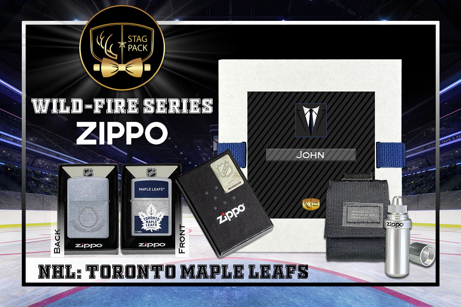 Custom Engraved Groomsmen Gift with NHL Windproof Zippo Lighter, a Fluid Canister and Pouch Gift-Pack in a Personalized Gift Box.