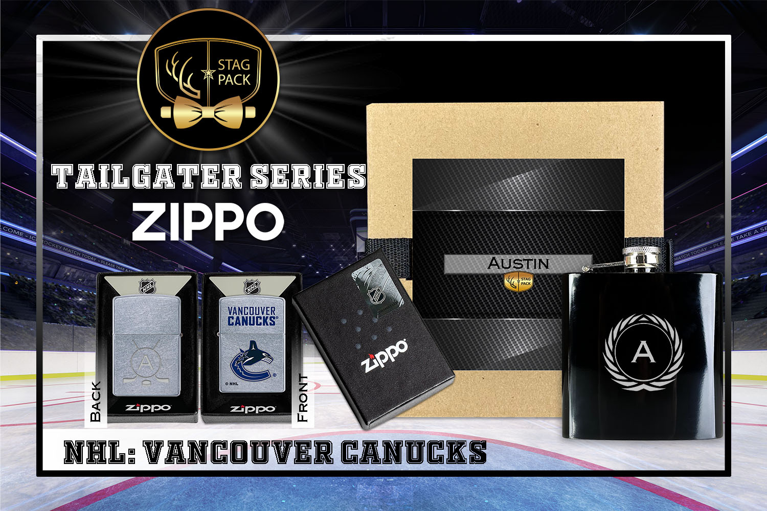 Custom Engraved Groomsmen Gift with Flask & Zippo Windproof Lighter in a Personalized Gift Box.