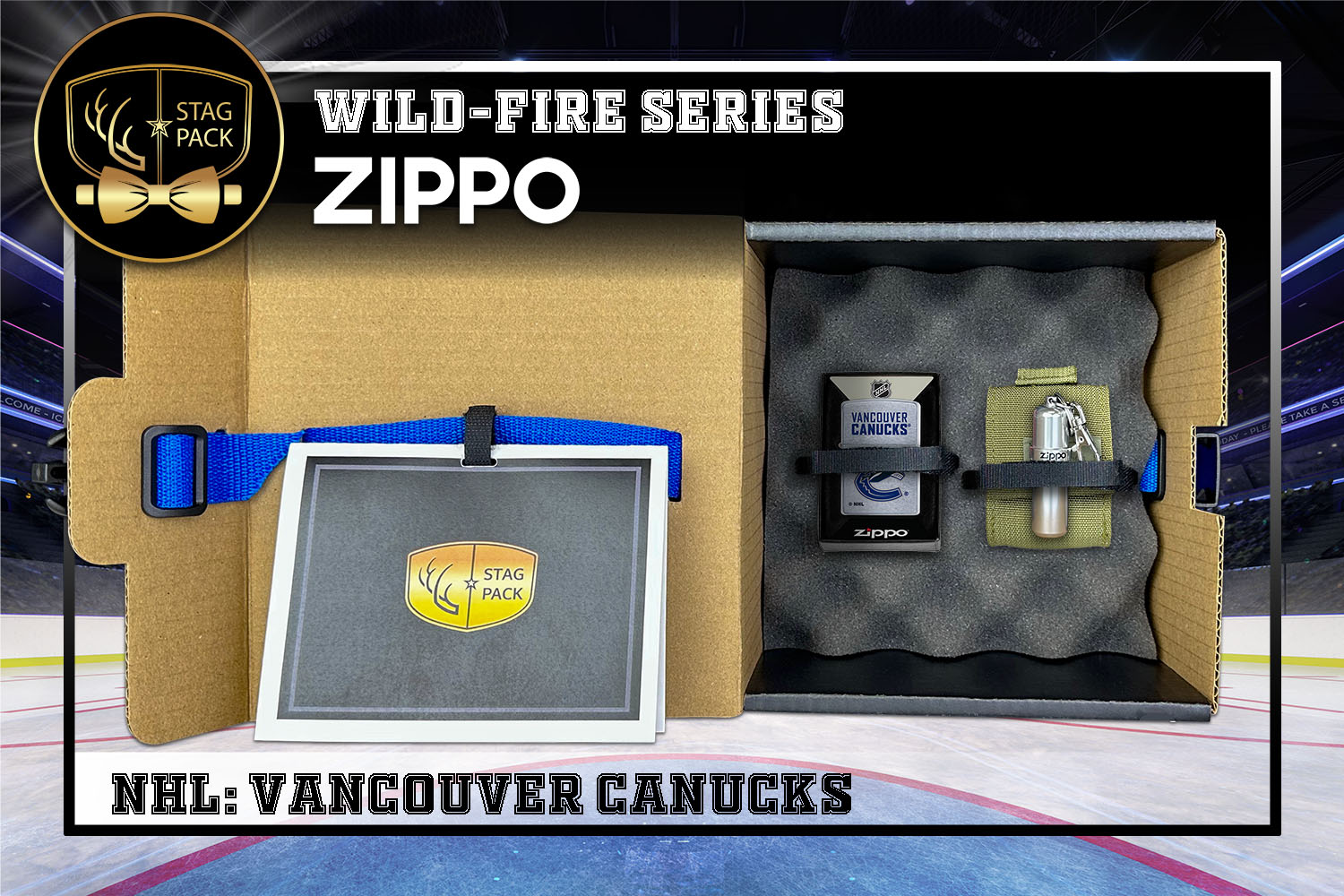 Custom Engraved Groomsmen Gift with NHL Windproof Zippo Lighter, a Fluid Canister and Pouch packaged in a Personalized Gift Box with a Message Card.