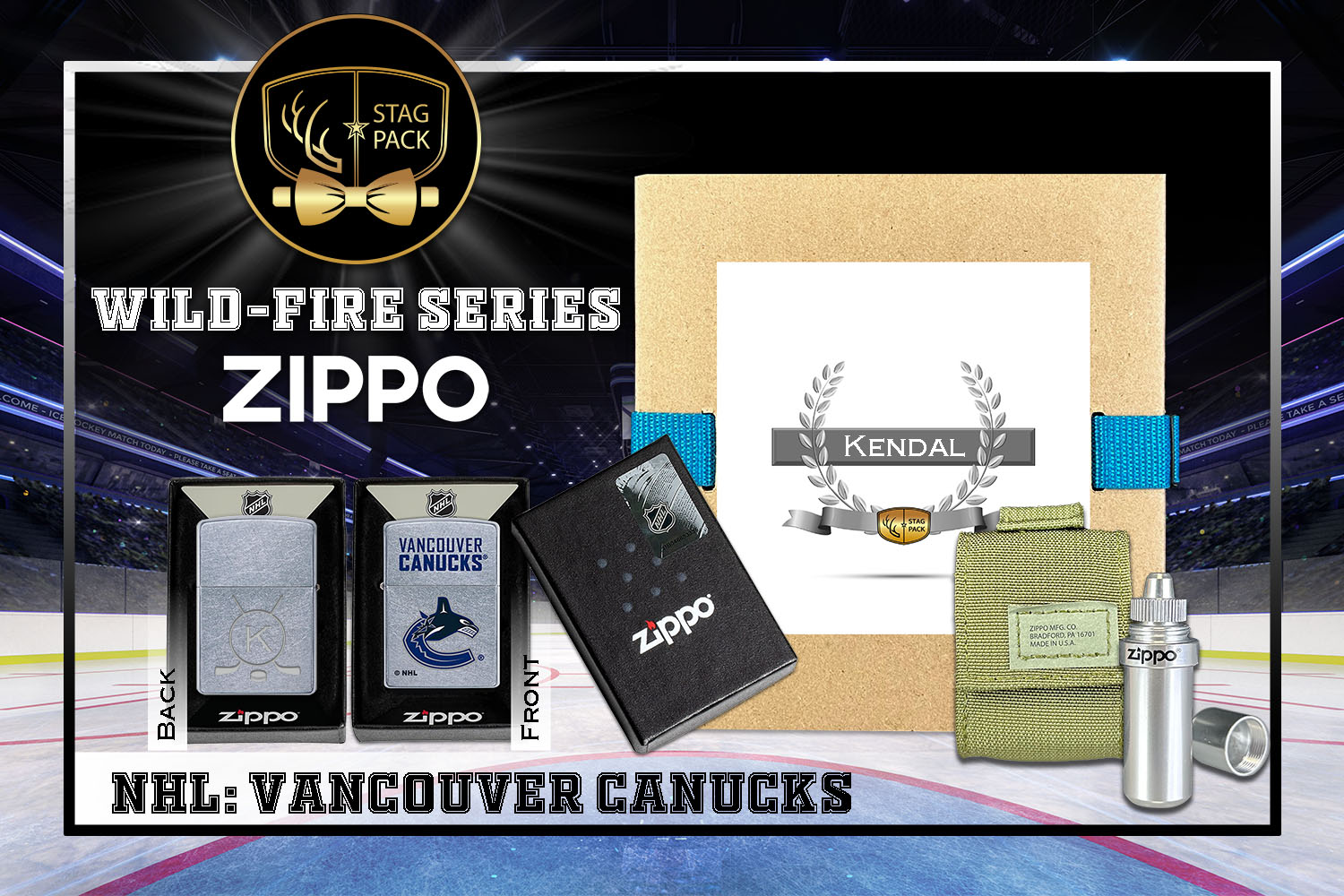 Custom Engraved Groomsmen Gift with NHL Windproof Zippo Lighter, a Fluid Canister and Pouch Gift-Pack in a Personalized Gift Box.