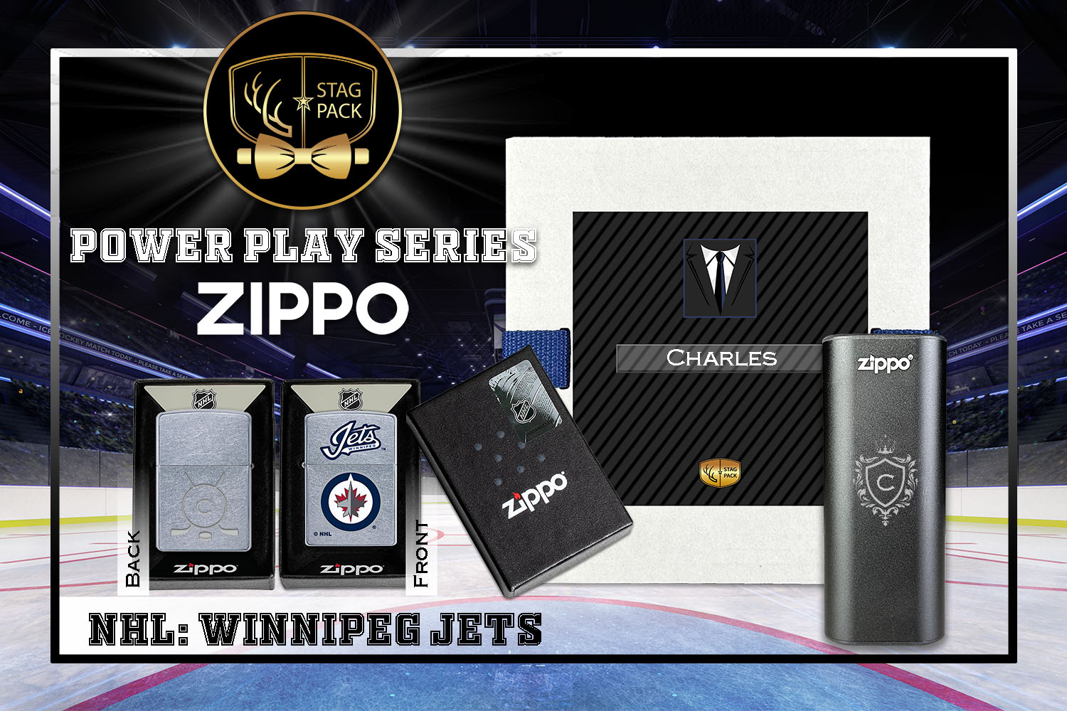 Custom Engraved Groomsmen Gift with NHL Zippo Windproof Lighter & Heatbank in a Personalized Gift Box.