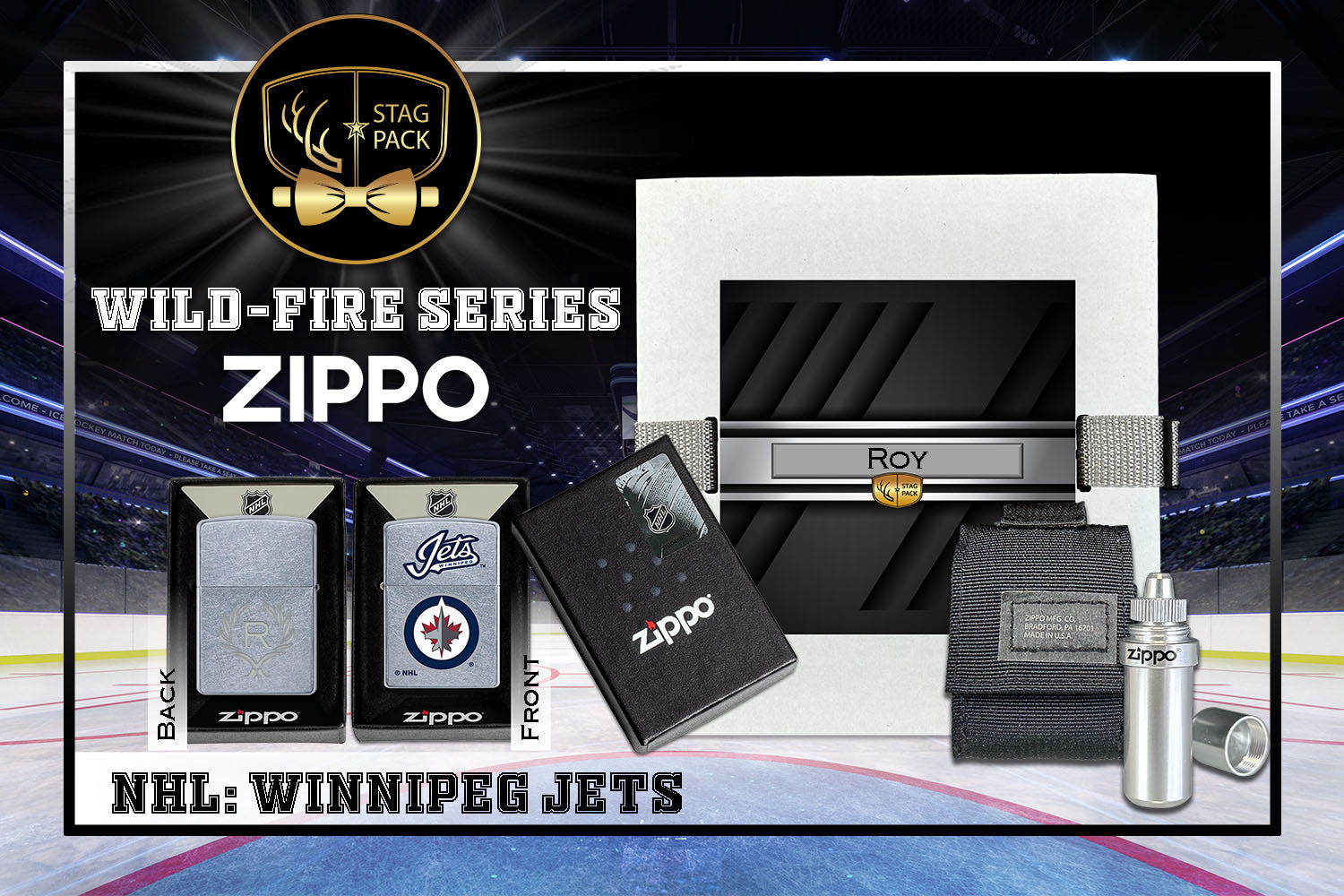 Custom Engraved Groomsmen Gift with NHL Windproof Zippo Lighter, a Fluid Canister and Pouch Gift-Pack in a Personalized Gift Box.