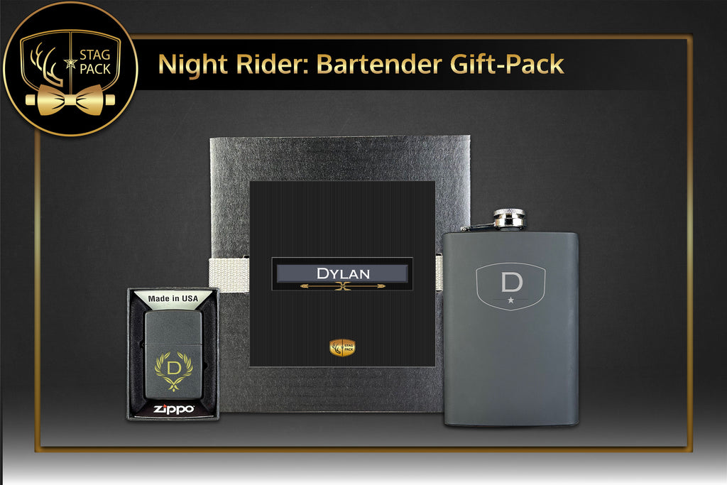 Custom Engraved Groomsmen Gift with Black Matte Flask & black matte Zippo Windproof Lighter in a Personalized Gift Box.
