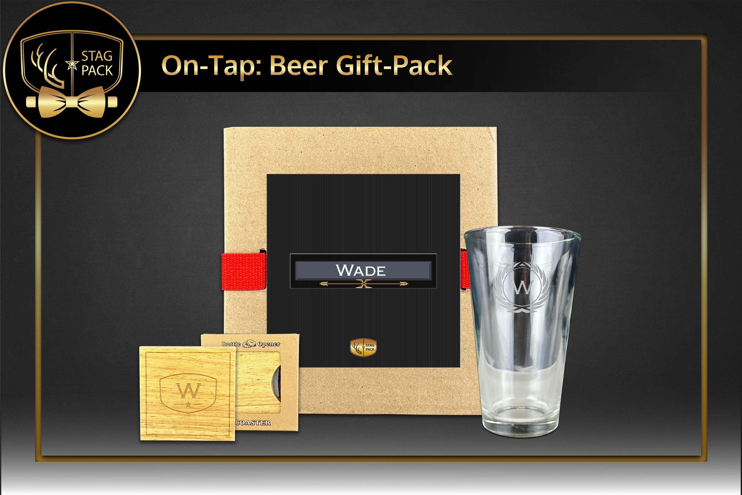 Custom Engraved Groomsmen Gift with Pint Glass & Coaster Opener in a Personalized Gift Box.