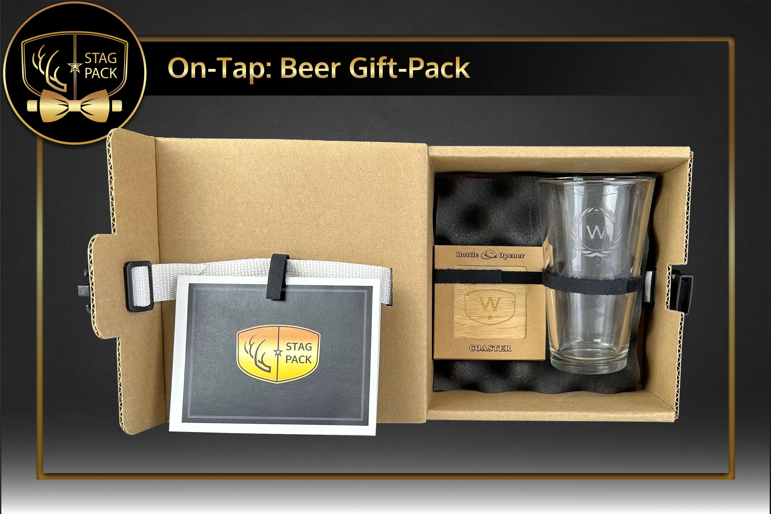 Custom Engraved Groomsmen Gift with Pint Glass & Coaster Opener in a Personalized Gift Box.