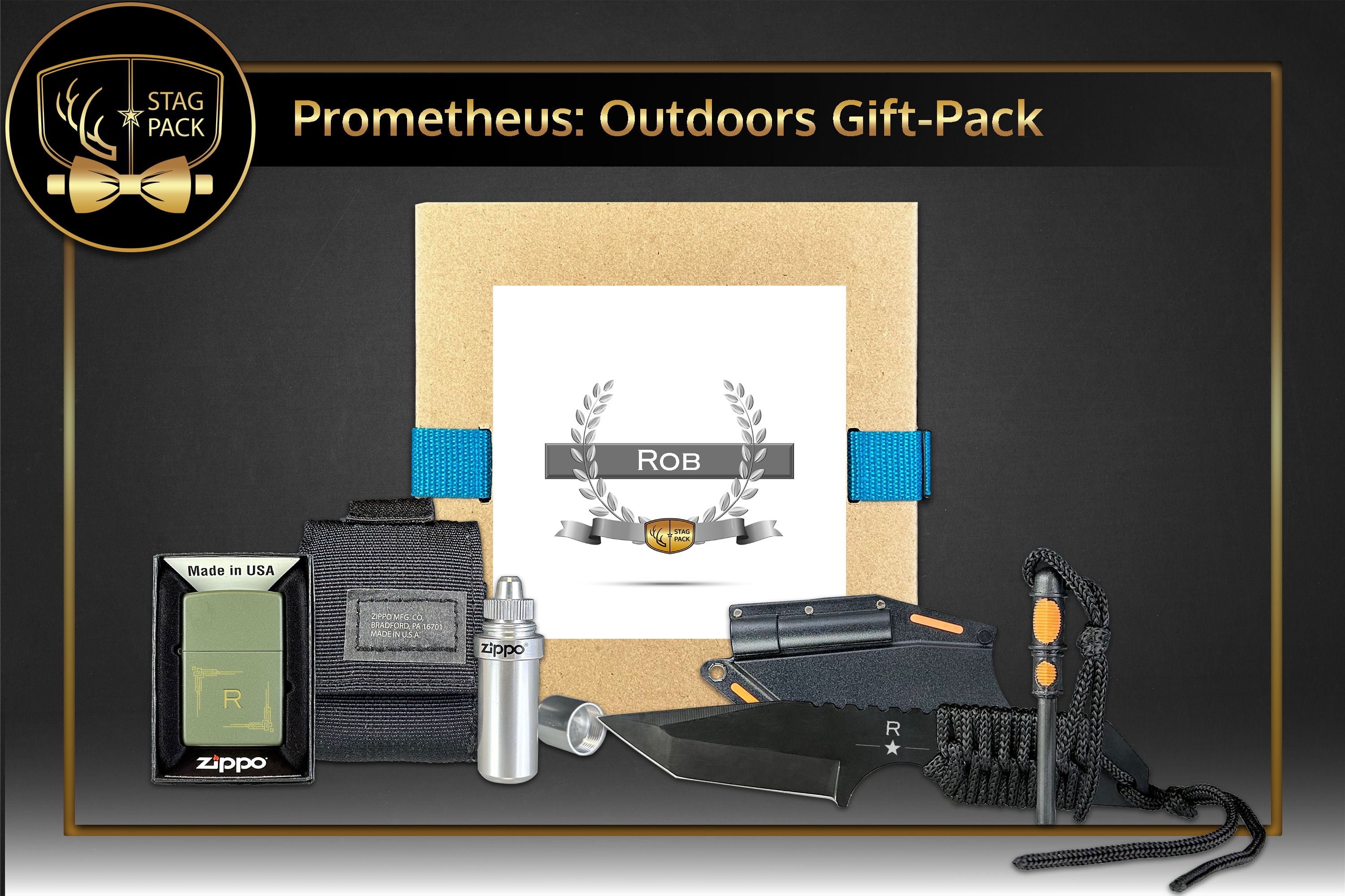 Custom Engraved Zippo Lighter & Knife with Tactical Pouch Personalized Groomsmen Gift in a Personalized Gift Box.