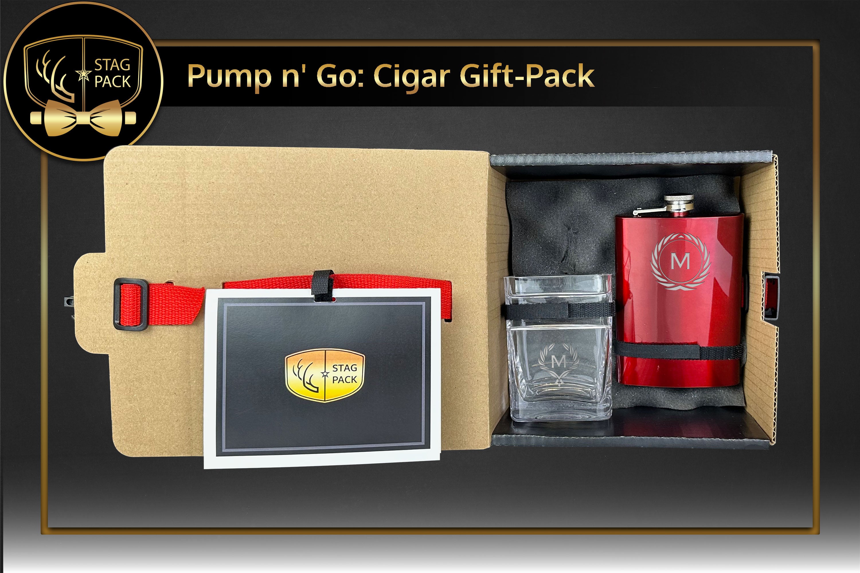 Stag Pack Custom Engraved Groomsmen Flask and Cigar Glass in a Personalized Gift Box with Message Card.