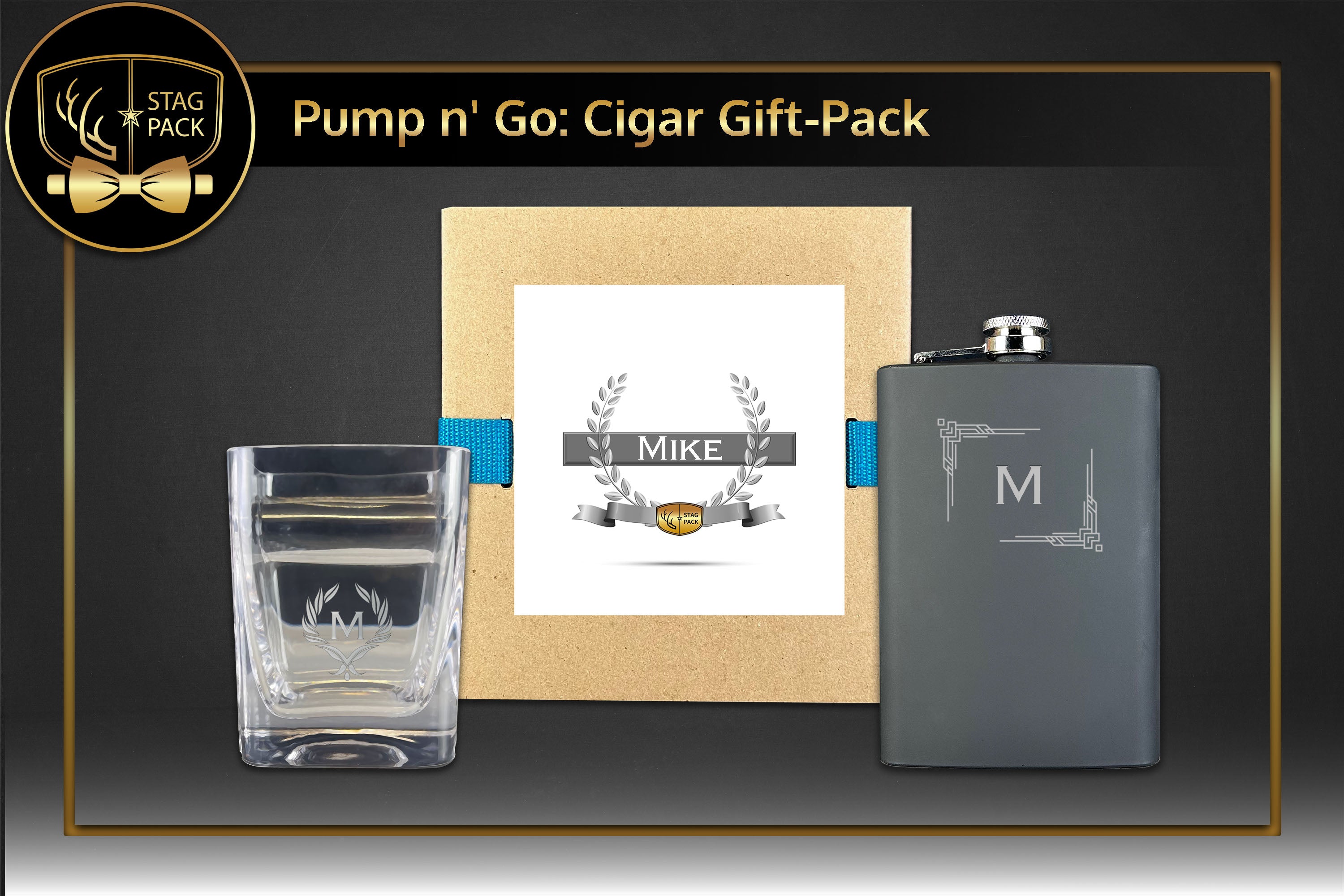 Stag Pack Custom Engraved Groomsmen Flask and Cigar Glass in a Personalized Gift Box.