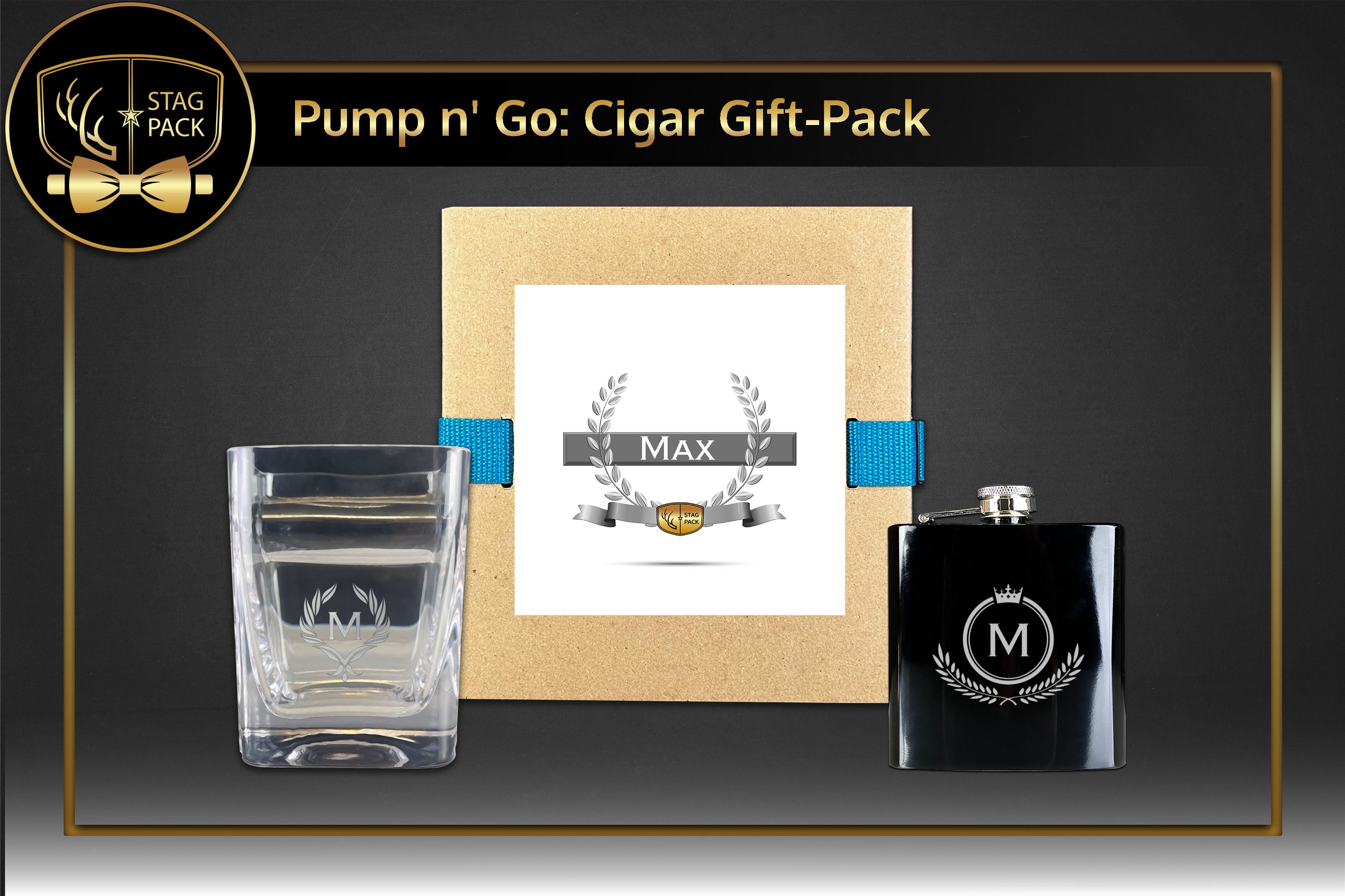 Stag Pack Custom Engraved Groomsmen Flask and Cigar Glass in a Personalized Gift Box.