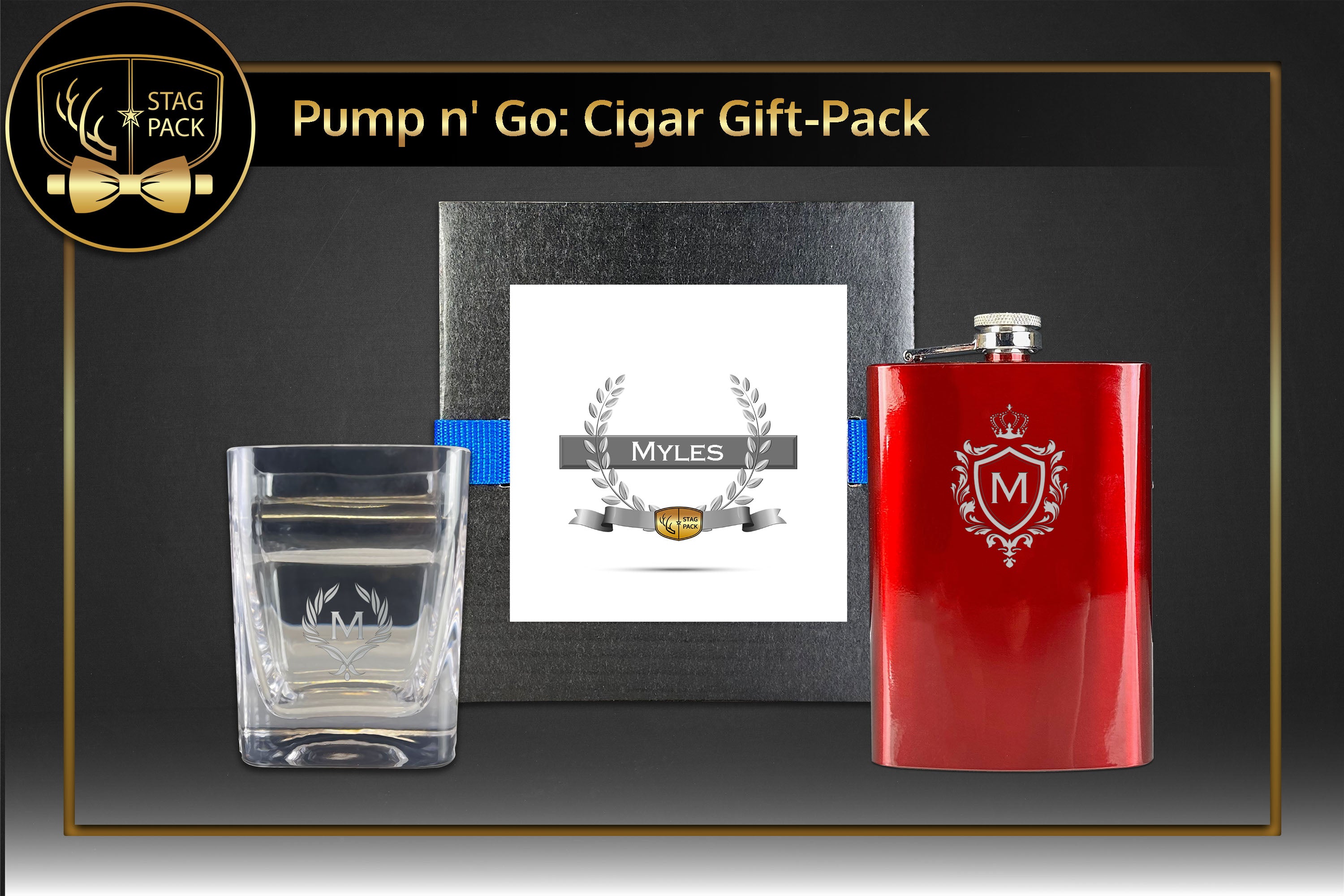 Stag Pack Custom Engraved Groomsmen Flask and Cigar Glass in a Personalized Gift Box.