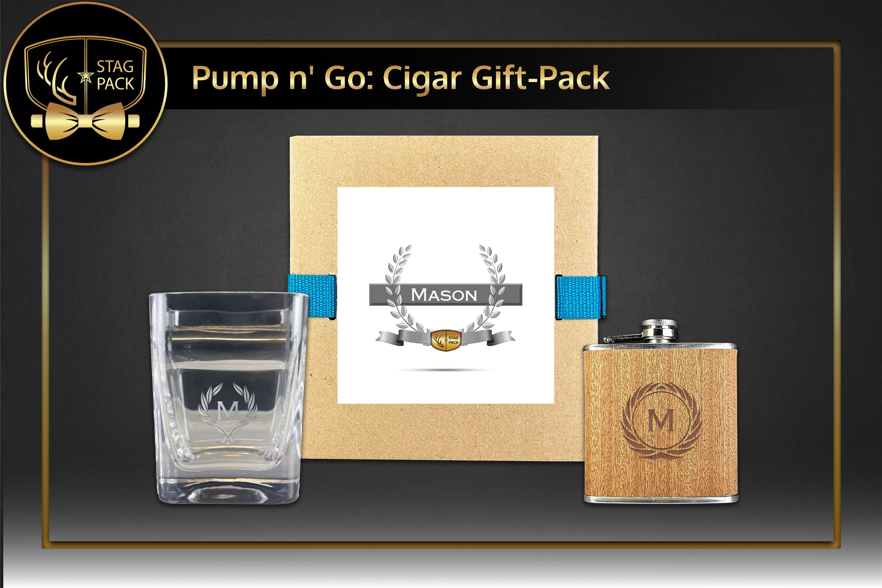 Stag Pack Custom Engraved Groomsmen Flask and Cigar Glass in a Personalized Gift Box.