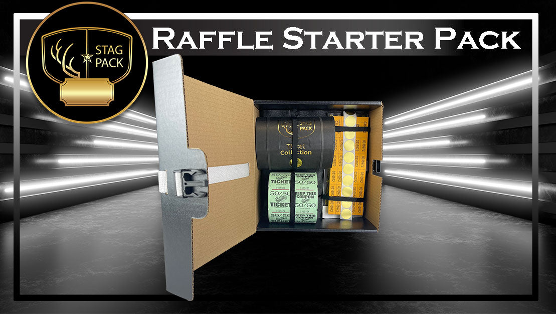 Stag Raiser Raffle Pack with black wristbands, ticket bags, 50/50 roll, gold sticker dots and stack of raffle cards in a Personalized Gift Box.