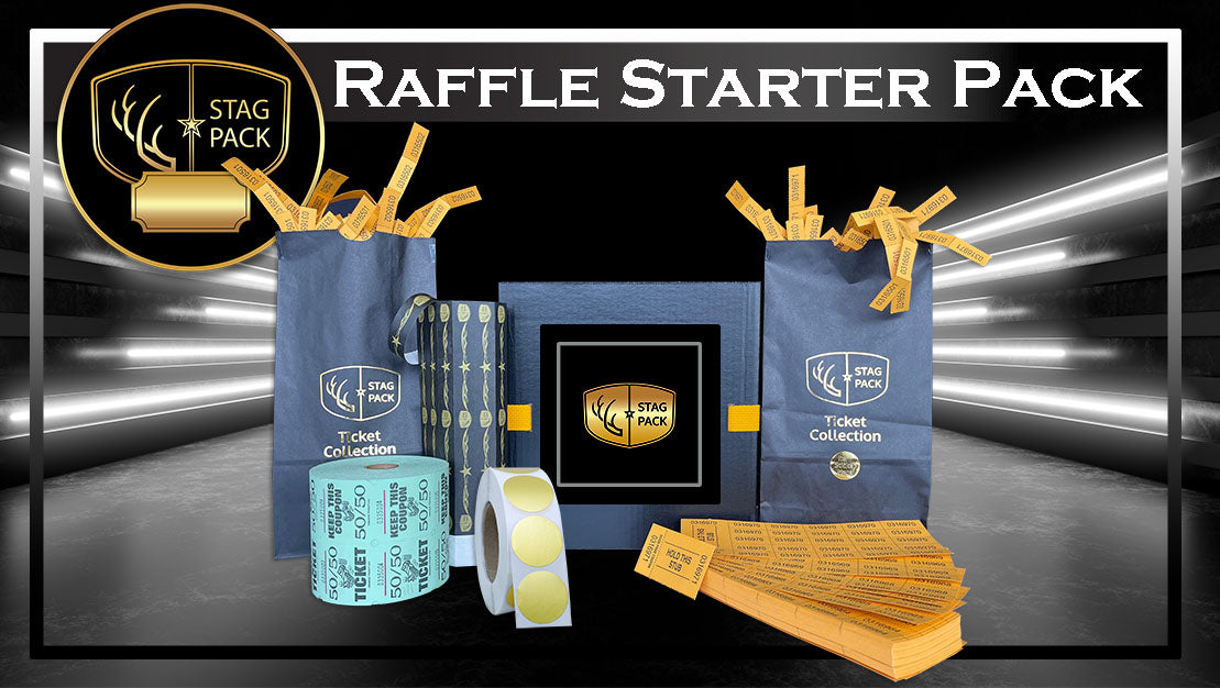 Stag Raiser Raffle Pack with black wristbands, ticket bags, 50/50 roll, gold sticker dots and stack of raffle cards in a Personalized Gift Box.