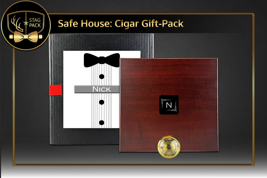 Personalized Cigar Humidor and Hygrometer Groomsmen Gift-Pack in a Personalized Gift Box.