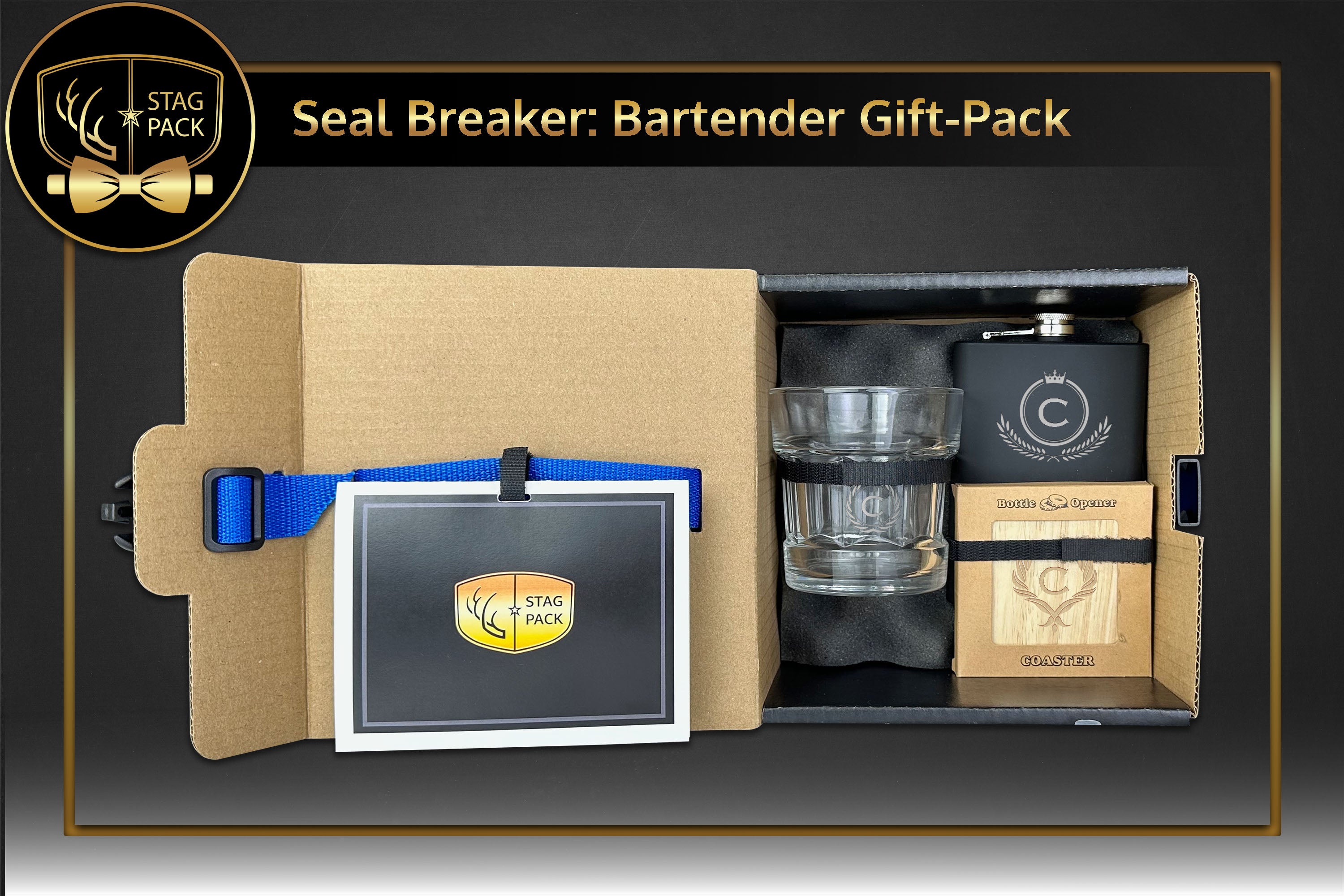 Custom Engraved Groomsmen Gift with Flask & Bottle Opener Coaster packaged in a Personalized Gift Box with a Message Card.