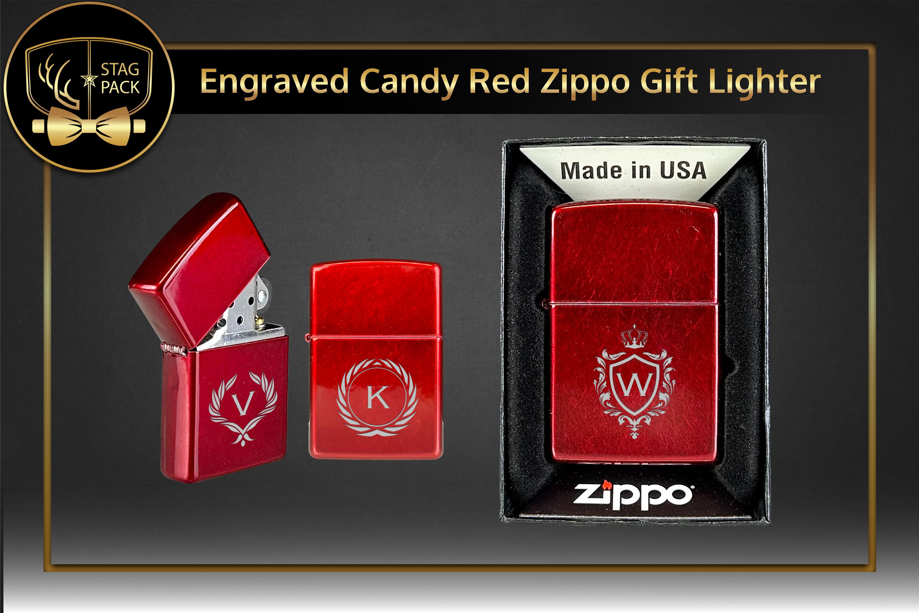 Stag custom engraved groomsmen solo gift includes a custom engraved Candy Red Zippo Lighter. Free Shipping & Personalization!