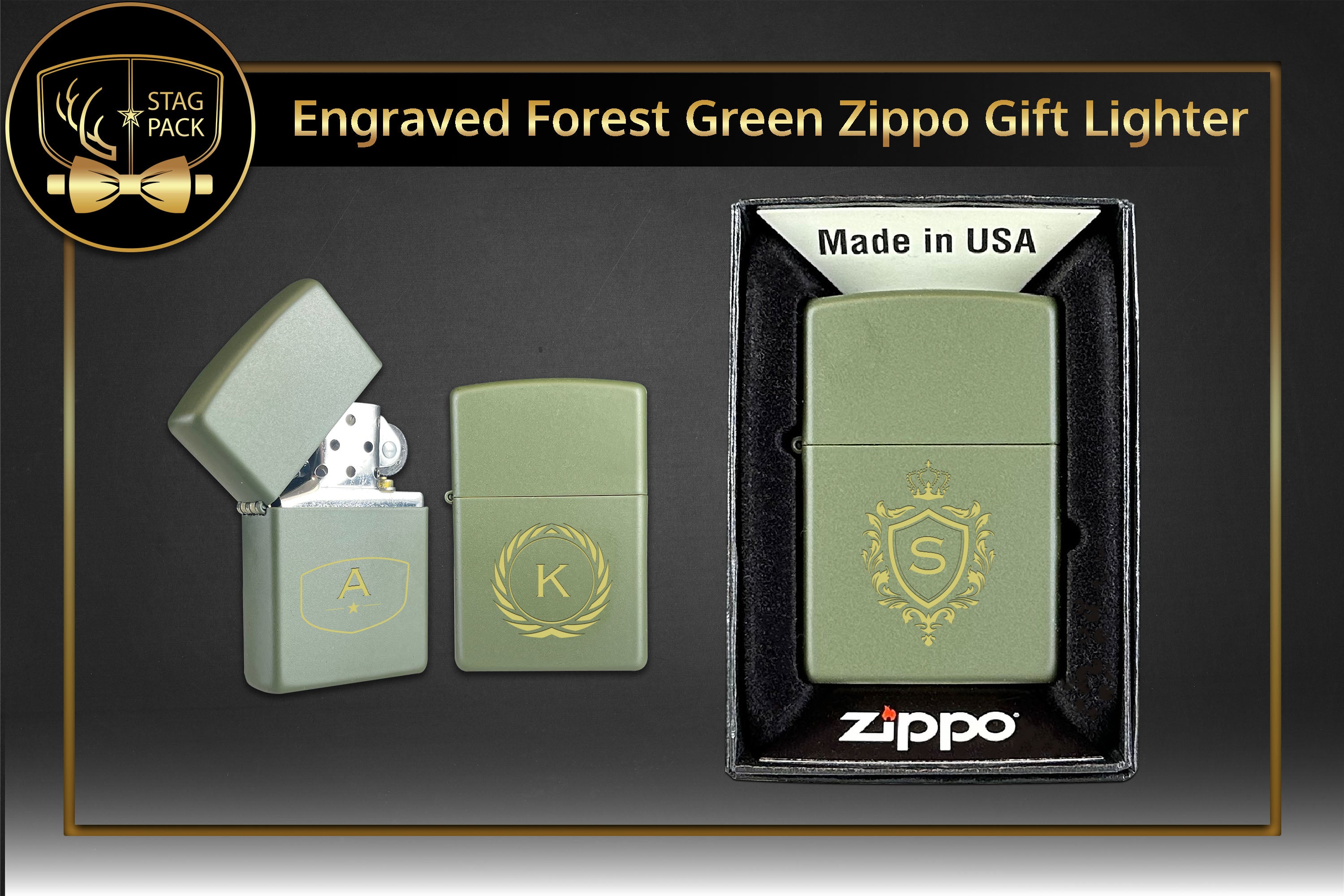 Stag custom engraved groomsmen solo gift includes a custom engraved Forest Green Zippo Lighter. Free Shipping & Personalization!