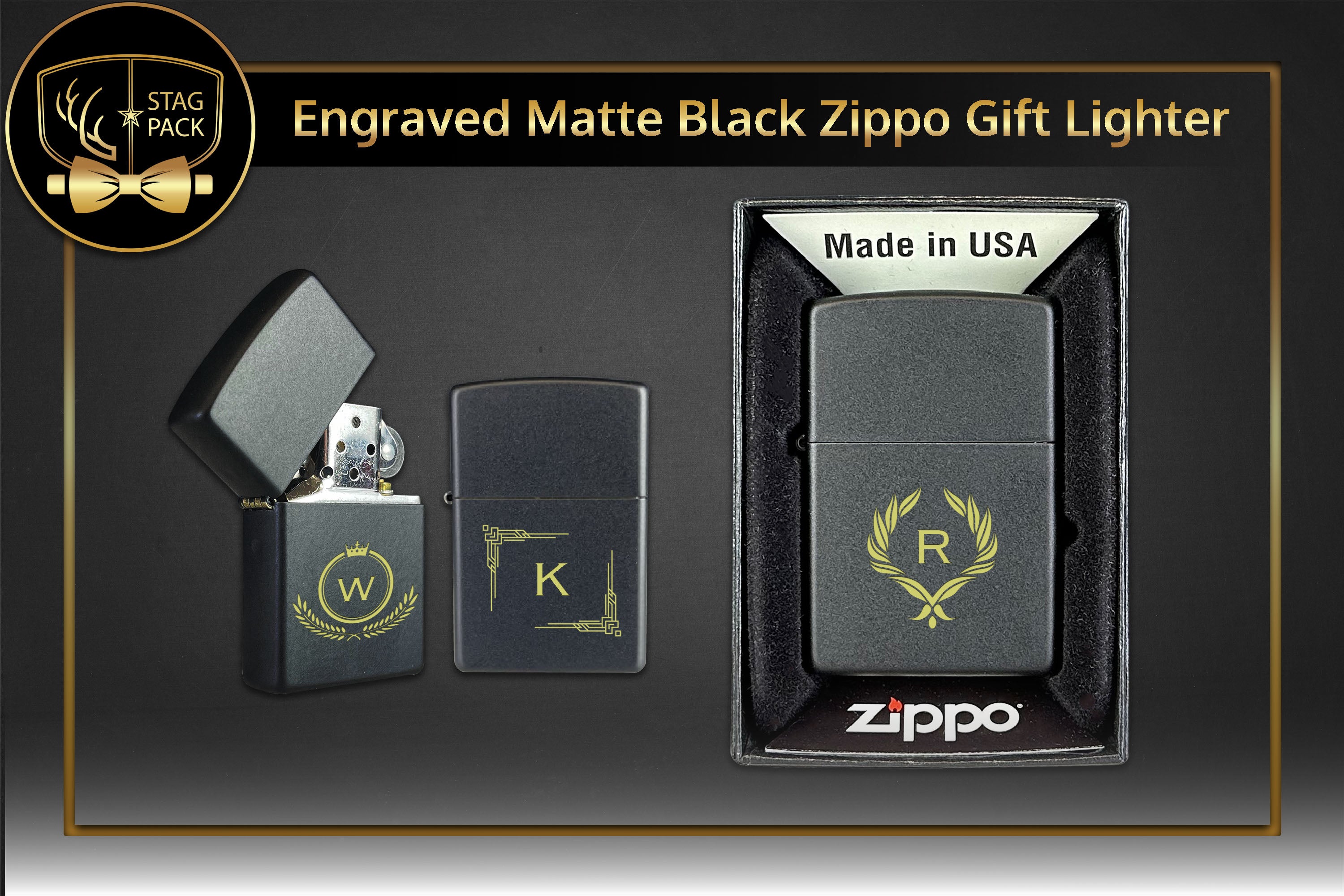 Stag custom engraved groomsmen solo gift includes a custom engraved Matte Black Zippo Lighter. Free Shipping & Personalization!