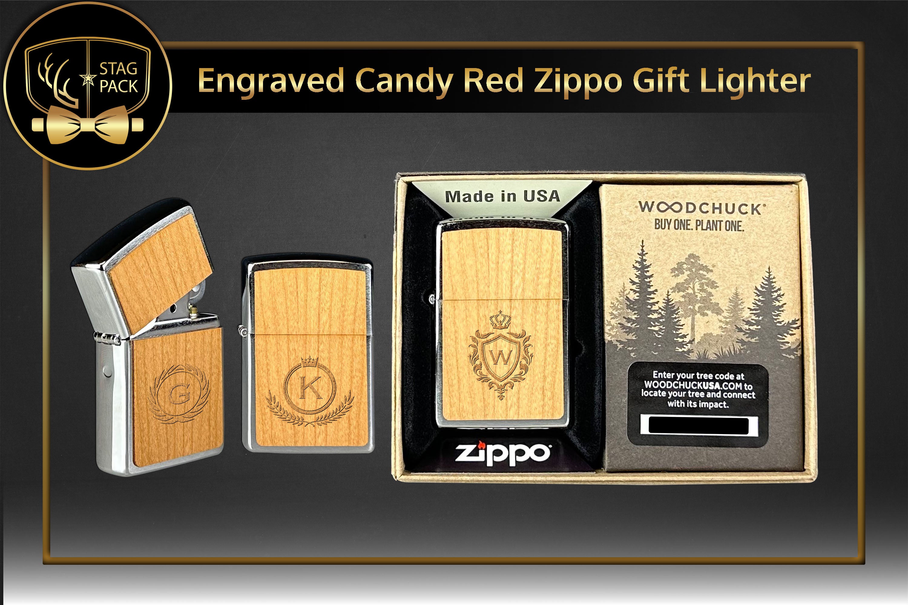 Stag Pack Custom Engraved WOODCHUCK USA® Cherry Wood Zippo Lighter Groomsmen Gift.  Free Shipping and Personalization Included!