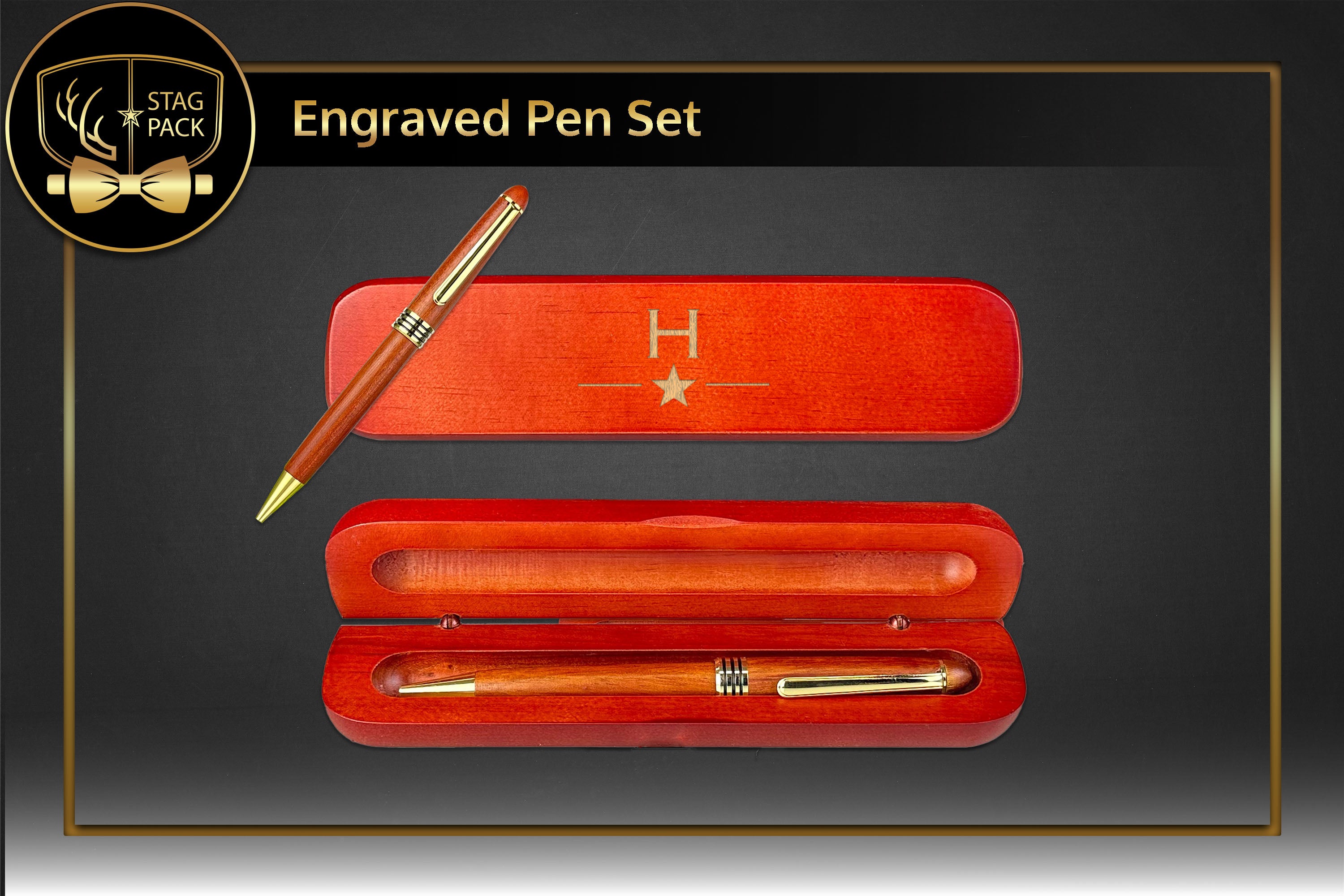 Engraved Rosewood Wooden Pen Set