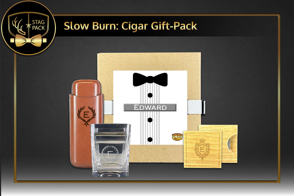 Slow Burn includes Custom Engraved Groomsmen Cigar Glass, Dual Sleeve Cigar Case, and Coaster Opener in a Personalized Gift Box.