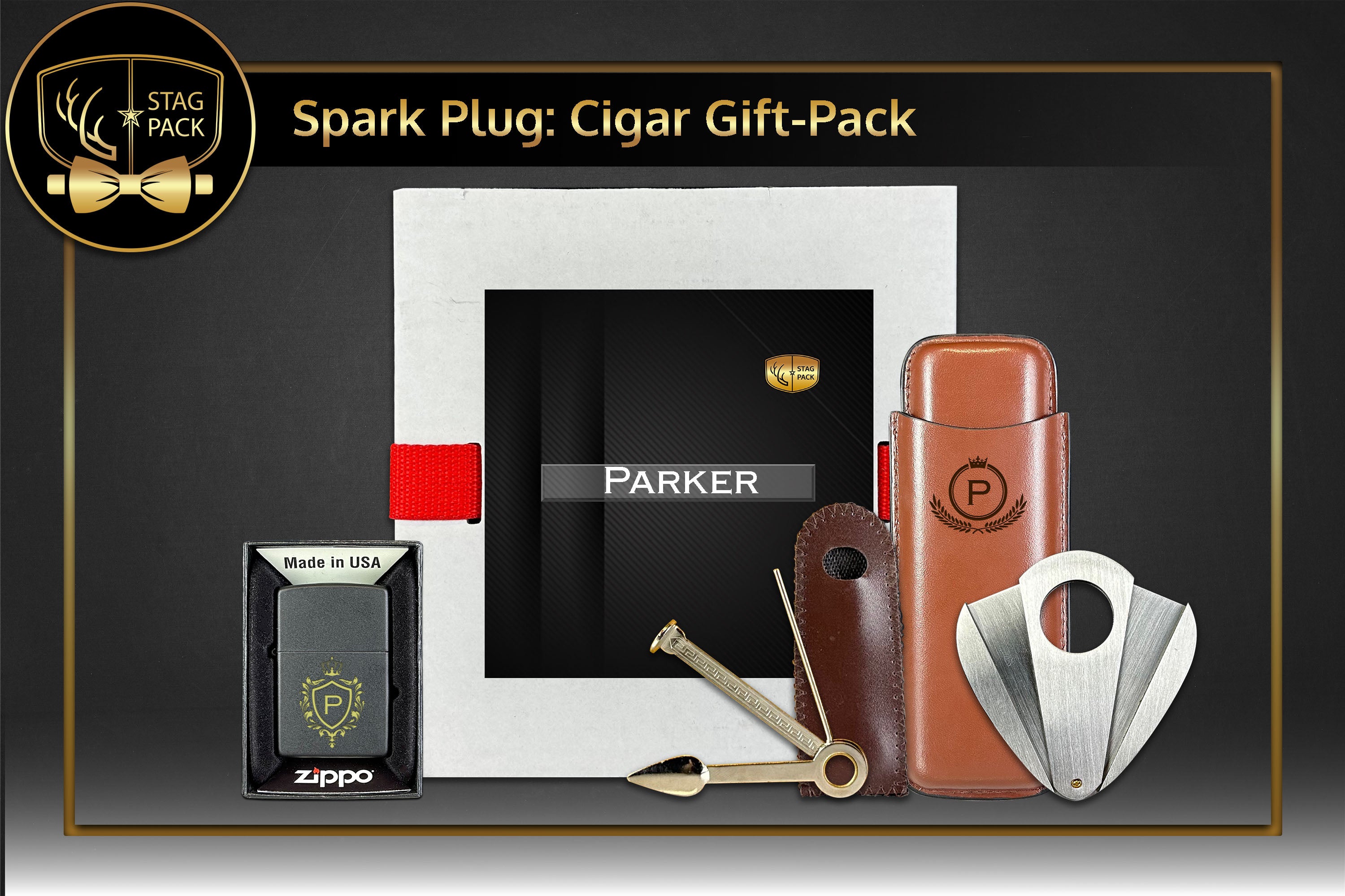 Custom Engraved Groomsmen Zippo and Dual Sleeve Cigar Case, Cigar Cutters and Smoke Tool in a Personalized Gift Box.