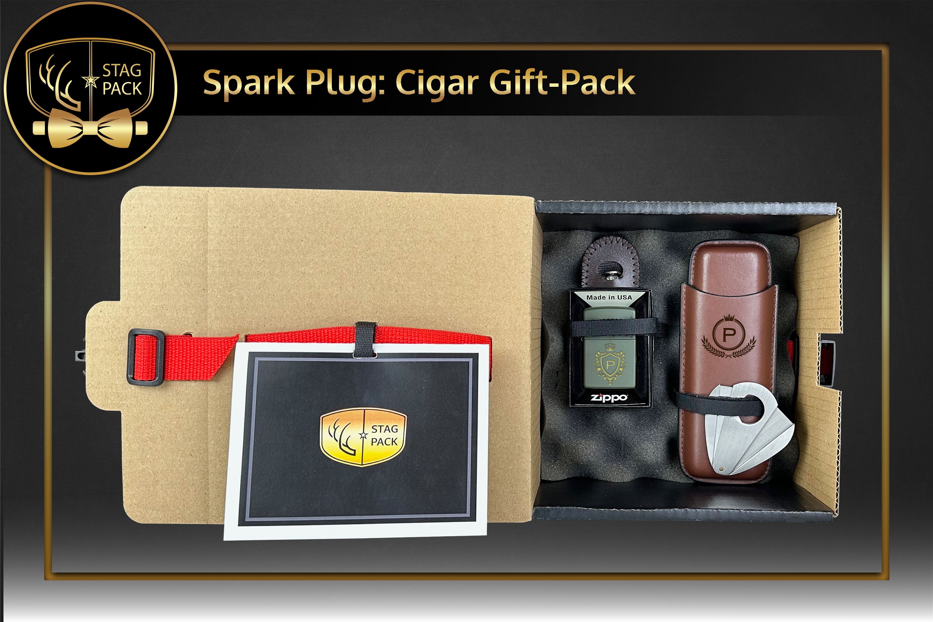 Custom Engraved Groomsmen Zippo and Dual Sleeve Cigar Case, Cigar Cutters and Smoke Tool in a Personalized Gift Box with Message Card..