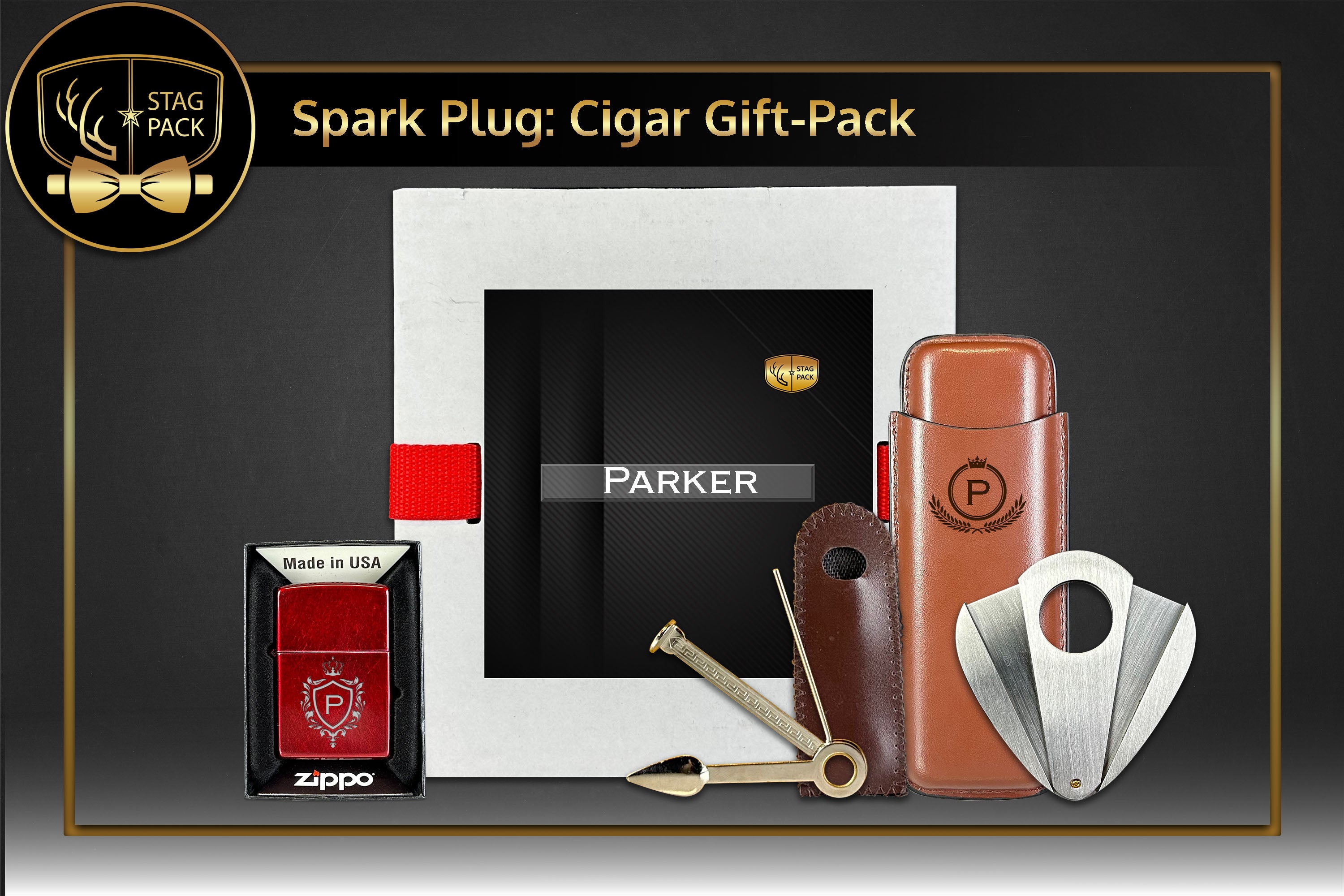 Custom Engraved Groomsmen Zippo and Dual Sleeve Cigar Case, Cigar Cutters and Smoke Tool in a Personalized Gift Box.