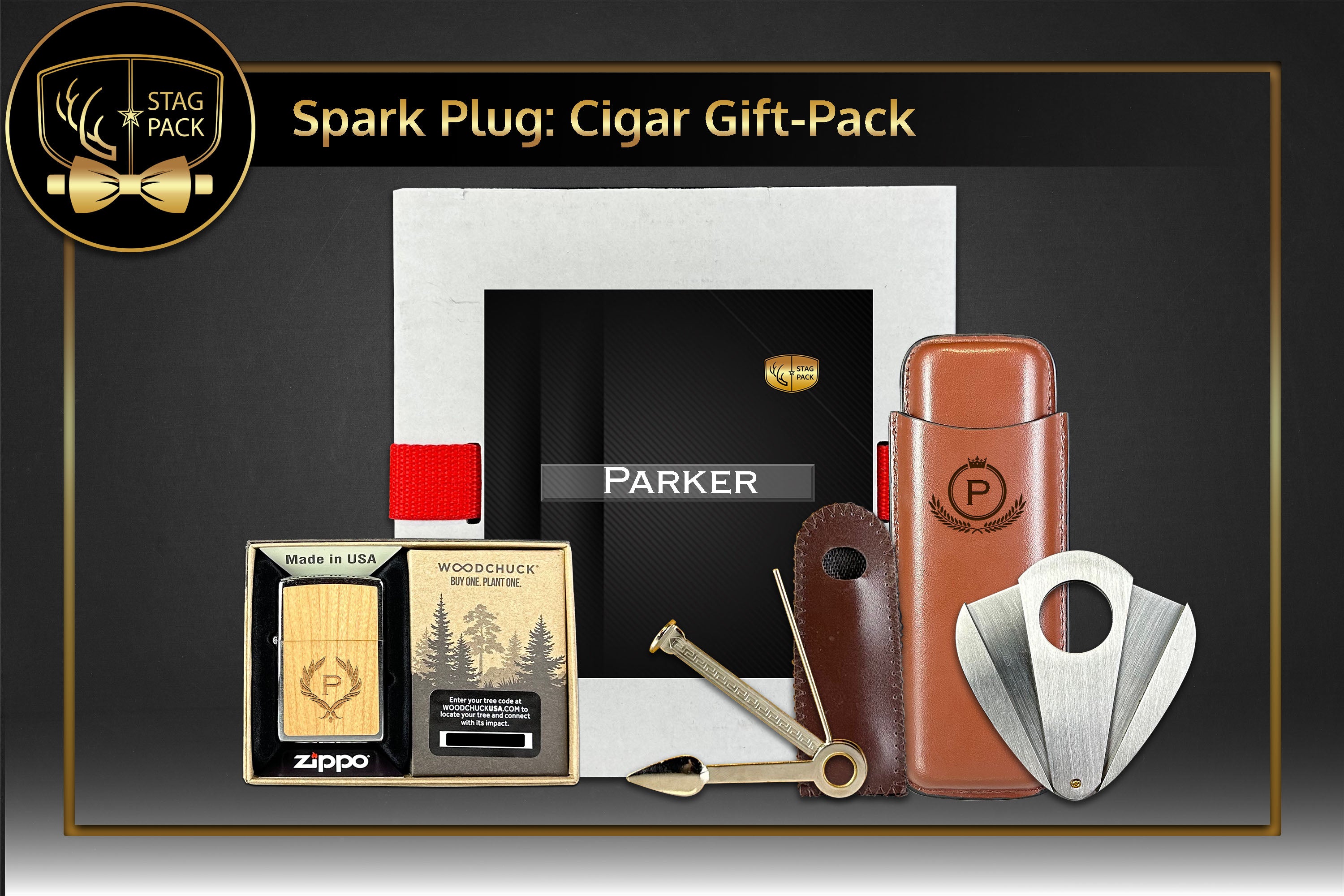 Custom Engraved Groomsmen Zippo and Dual Sleeve Cigar Case, Cigar Cutters and Smoke Tool in a Personalized Gift Box.