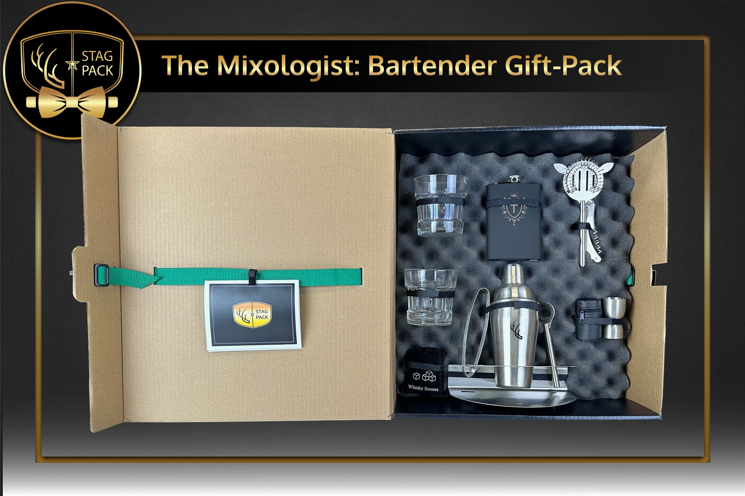 Groomsmen Gift includes Engraved Flask, Glass and shot set, Bar set, and Whiskey Stones in a Personalized Gift Box with Message Card.