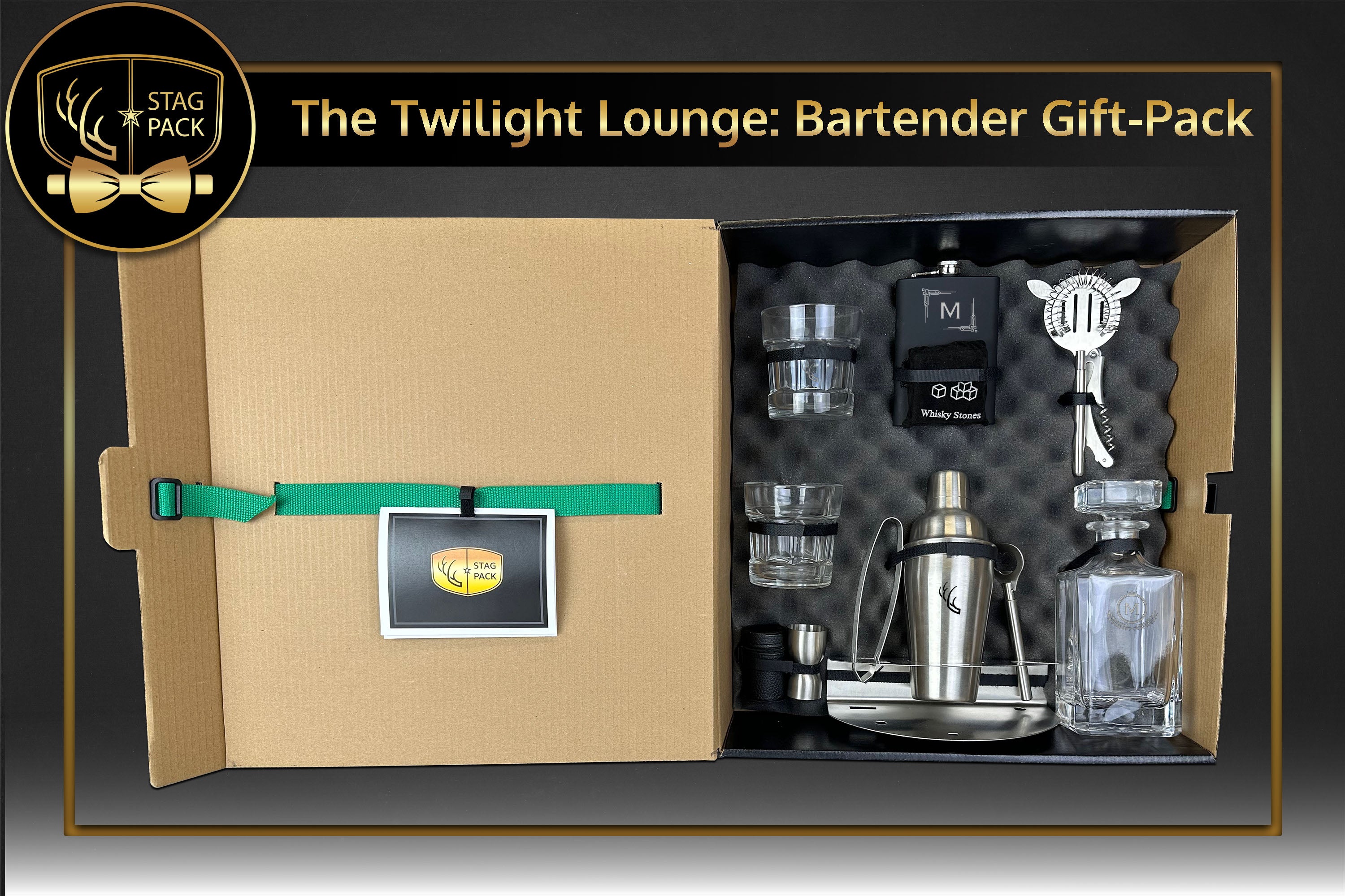 Groomsmen Gift includes Engraved Flask/Decanter, Glass and shot set, Bar set, and Whiskey Stones in a Personalized Gift Box with Message Card.