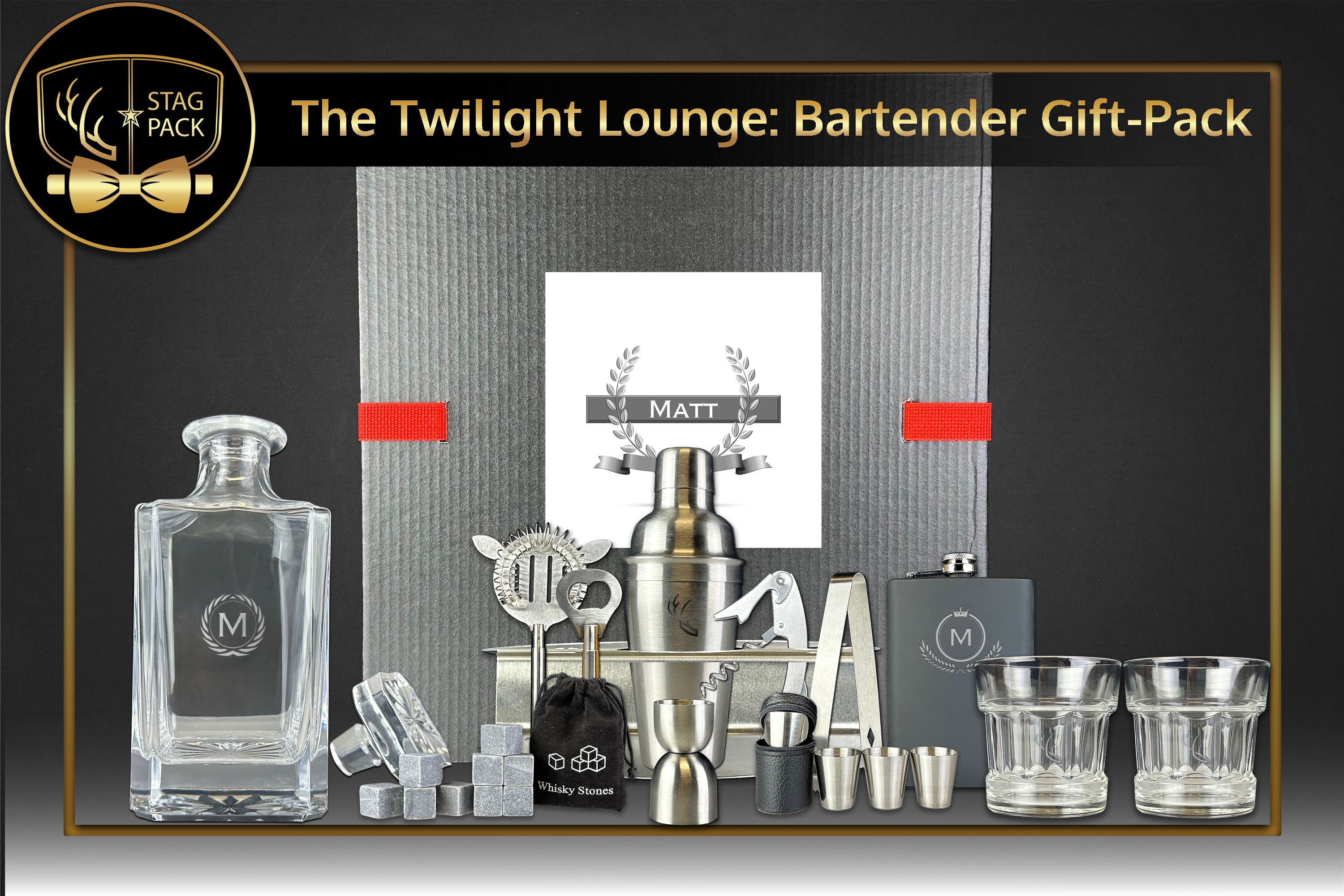 Groomsmen Gift includes Engraved Flask/Decanter, Glass and shot set, Bar set, and Whiskey Stones in a Personalized Gift Box with Message Card.