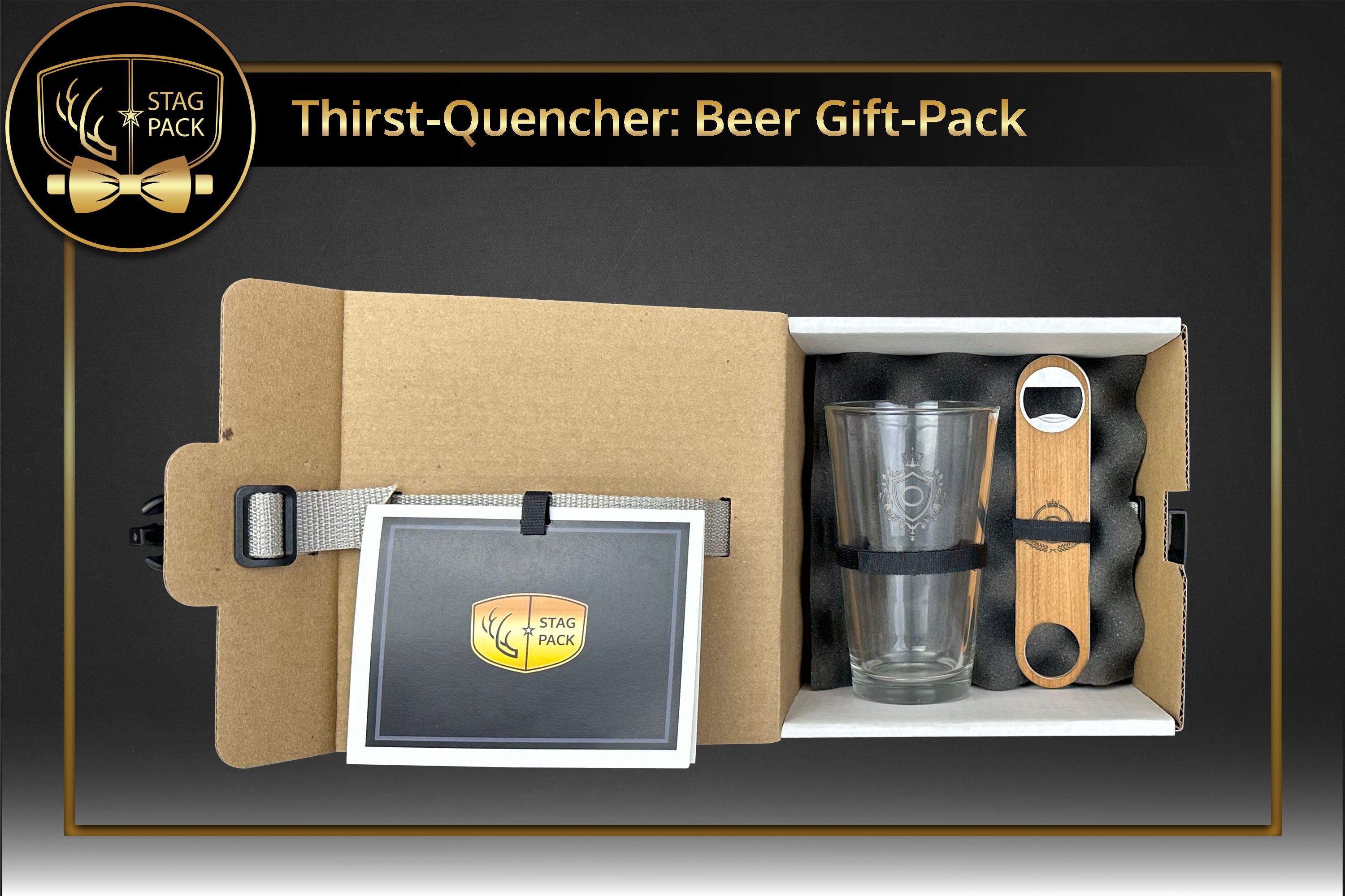 Custom Engraved Groomsmen Gift with Pint Glass & Wooden Bottle Opener in a Personalized Gift Box.