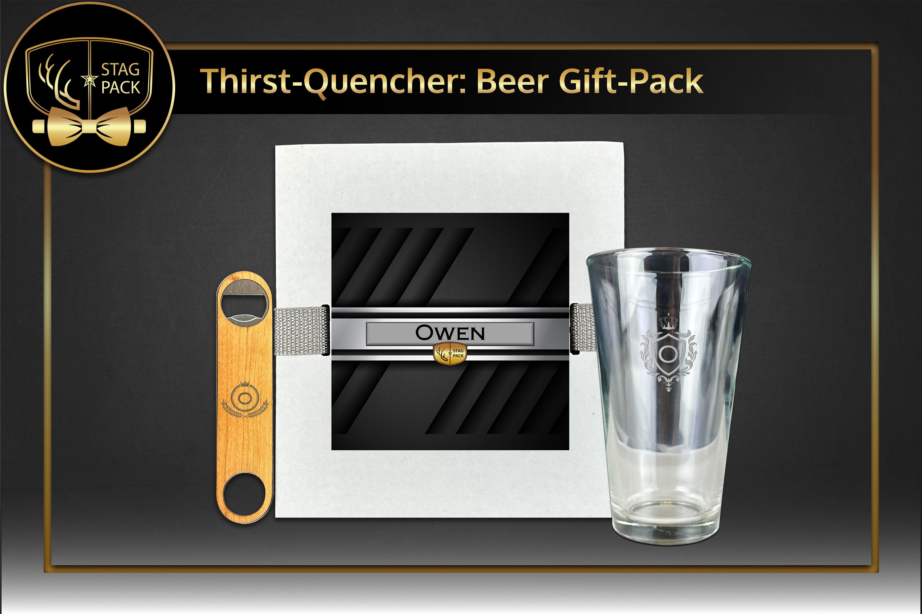 Custom Engraved Groomsmen Gift with Pint Glass & Wooden Bottle Opener in a Personalized Gift Box.