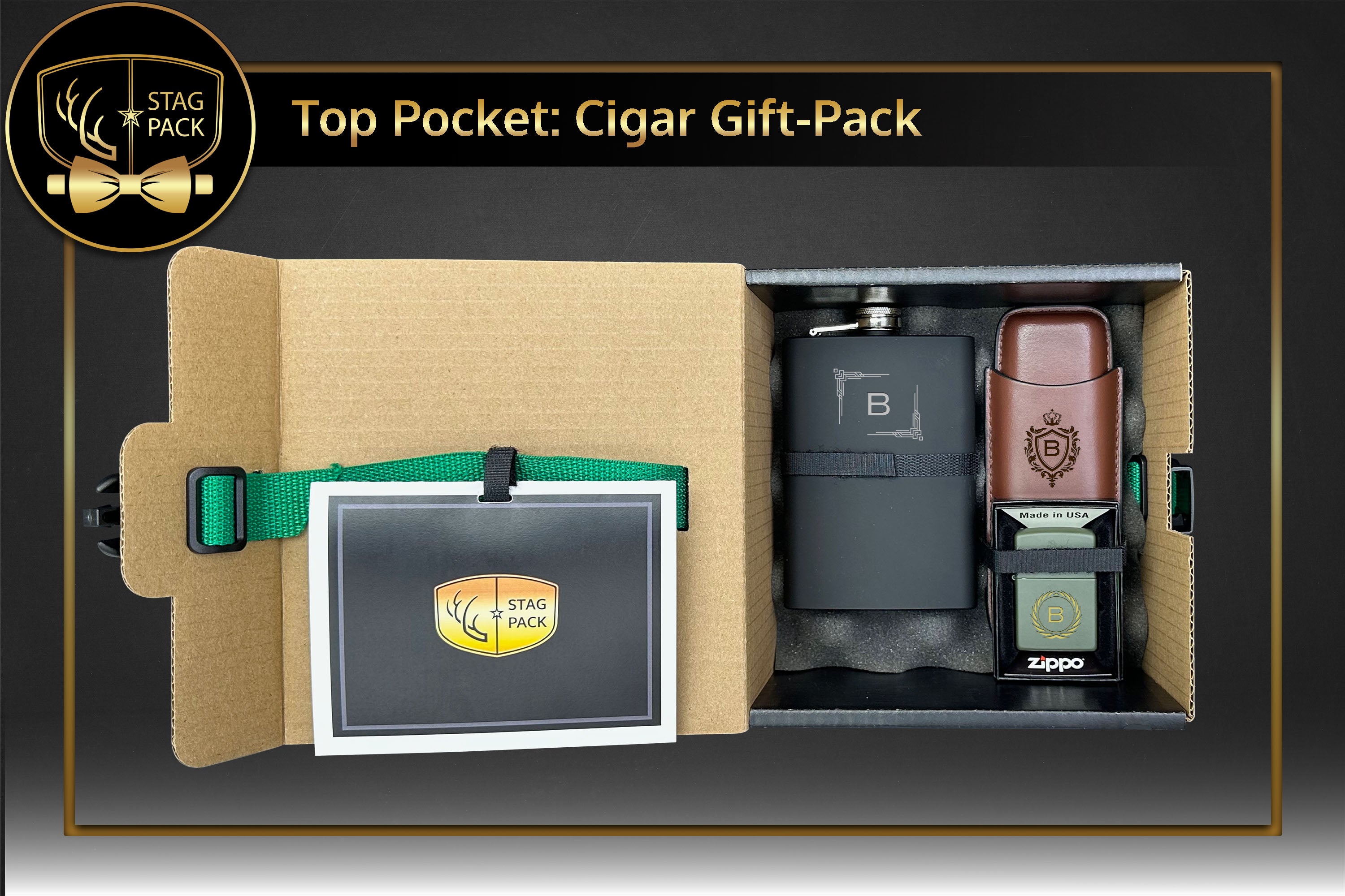 Stag Pack Custom Engraved Groomsmen Flask, Zippo and Dual Sleeve Cigar Case in a Personalized Gift Box with Message Card.