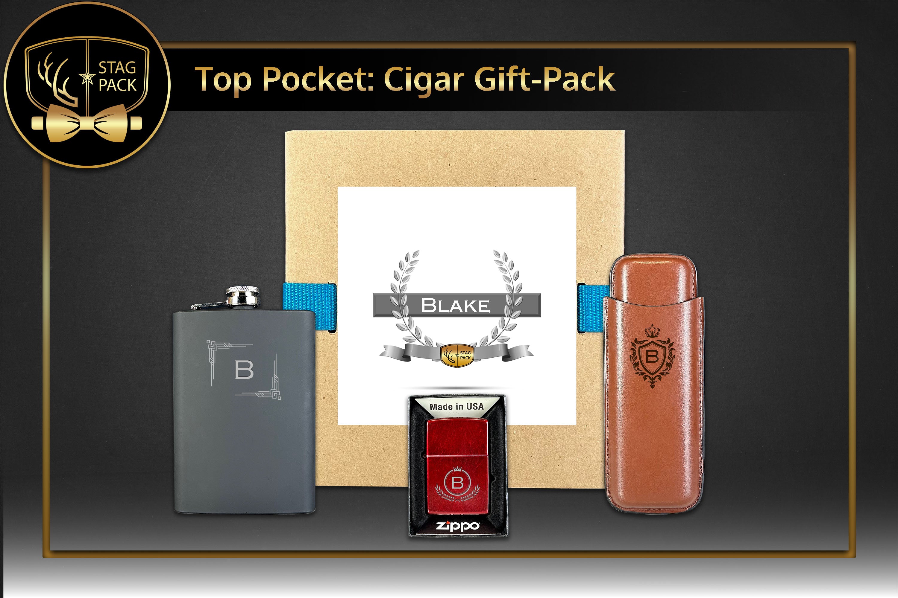 Stag Pack Custom Engraved Groomsmen Flask, Zippo and Dual Sleeve Cigar Case in a Personalized Gift Box.